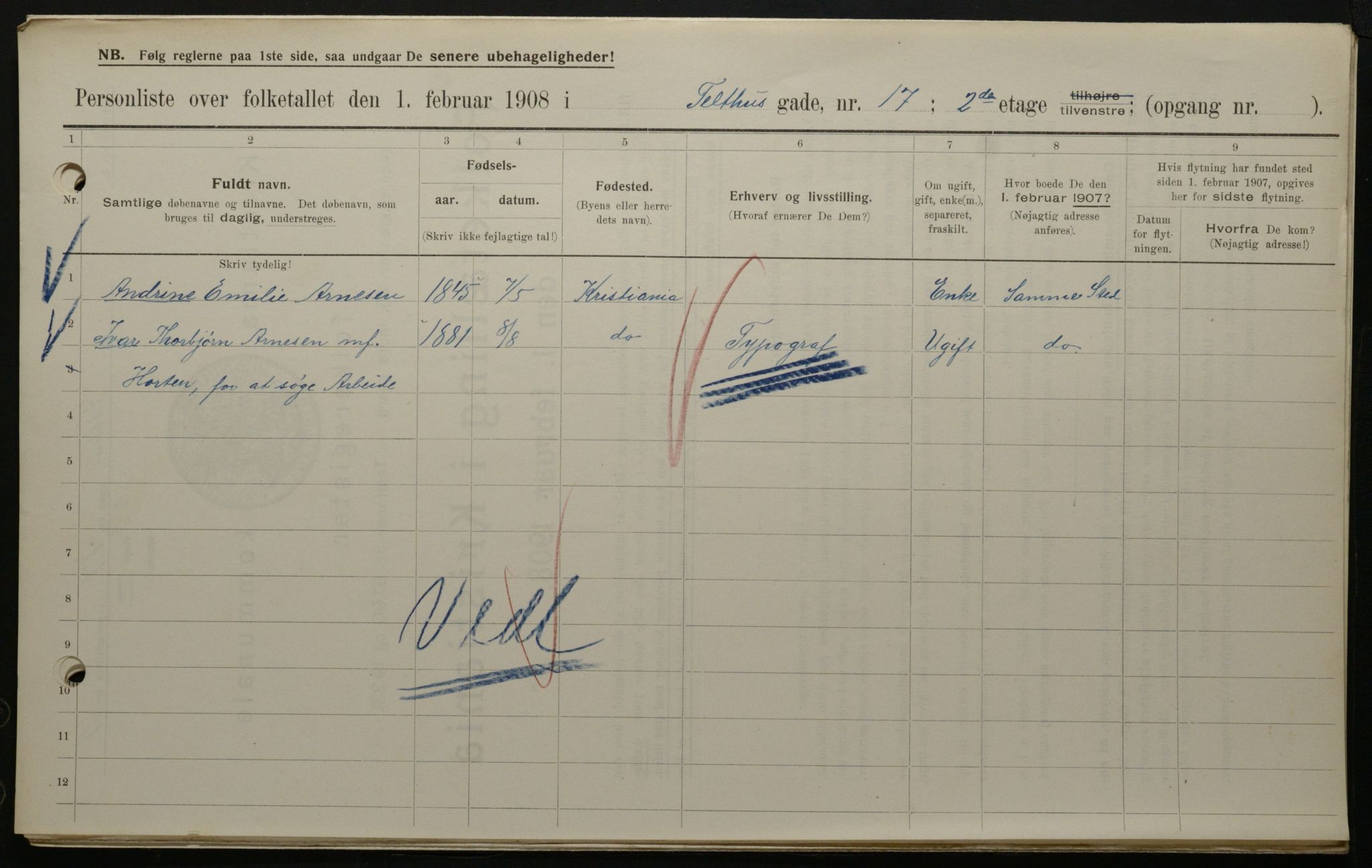 OBA, Municipal Census 1908 for Kristiania, 1908, p. 96756