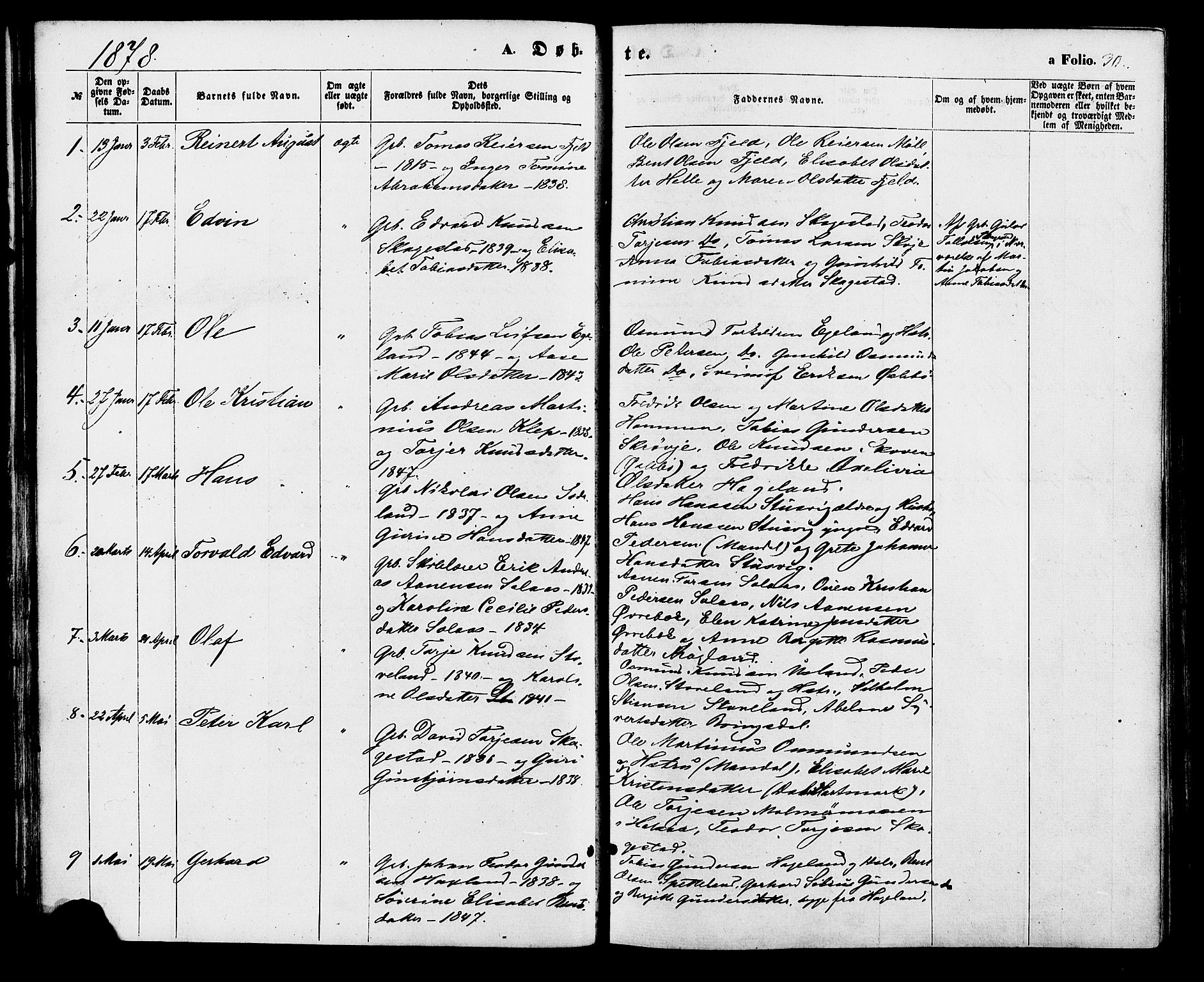 Holum sokneprestkontor, AV/SAK-1111-0022/F/Fa/Faa/L0006: Parish register (official) no. A 6, 1865-1883, p. 30