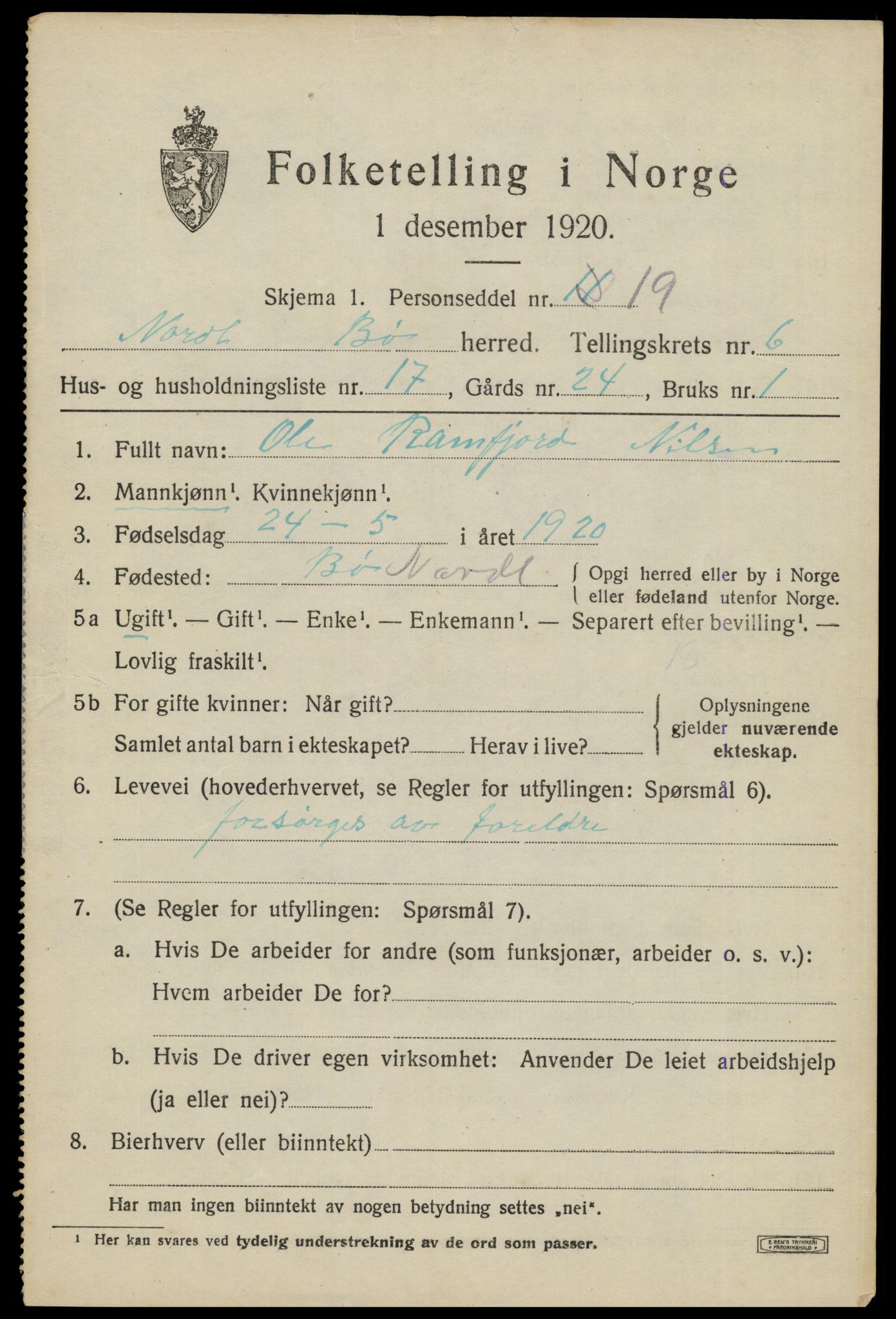 SAT, 1920 census for Bø, 1920, p. 6034