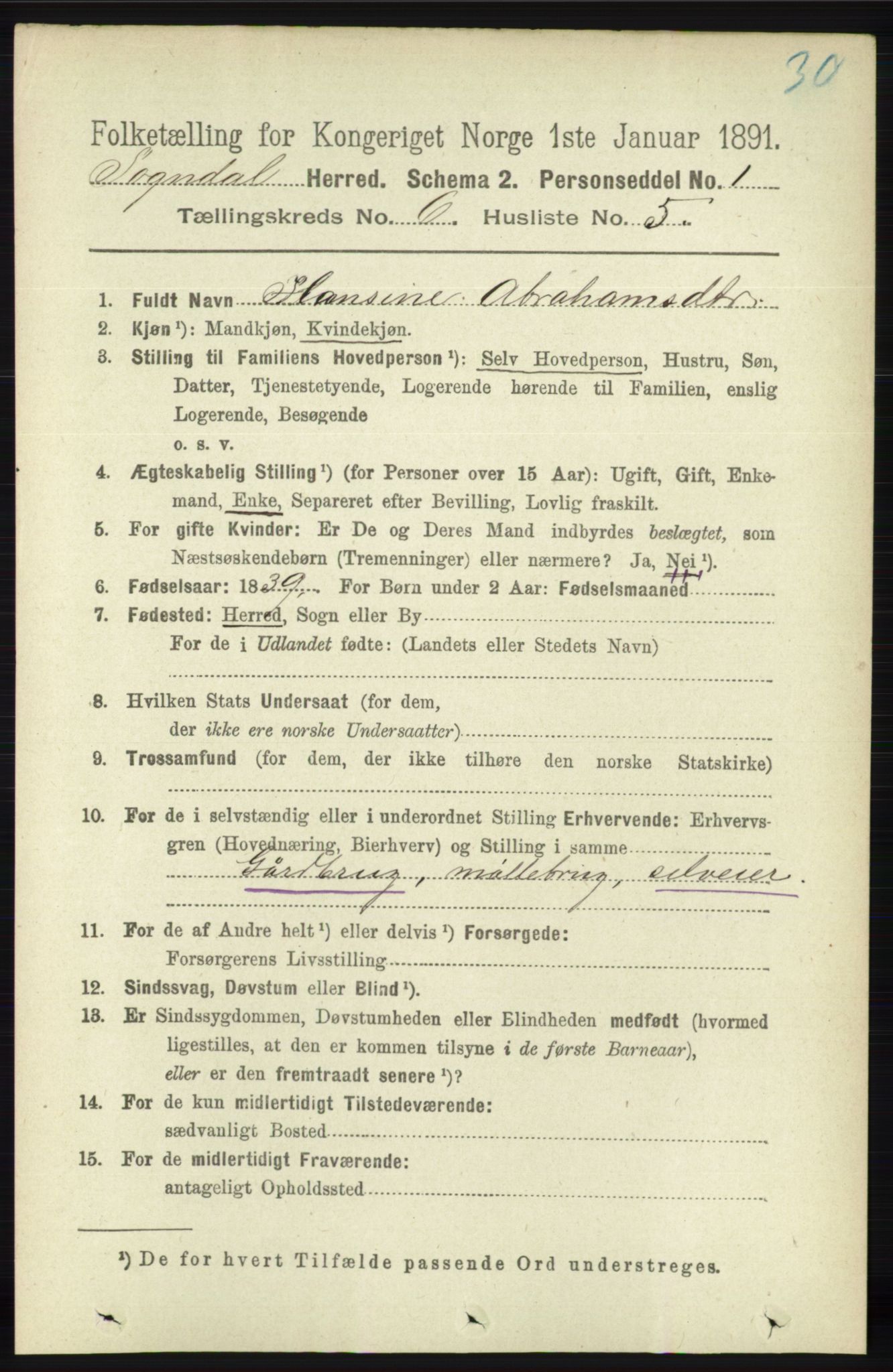 RA, 1891 census for 1111 Sokndal, 1891, p. 1659