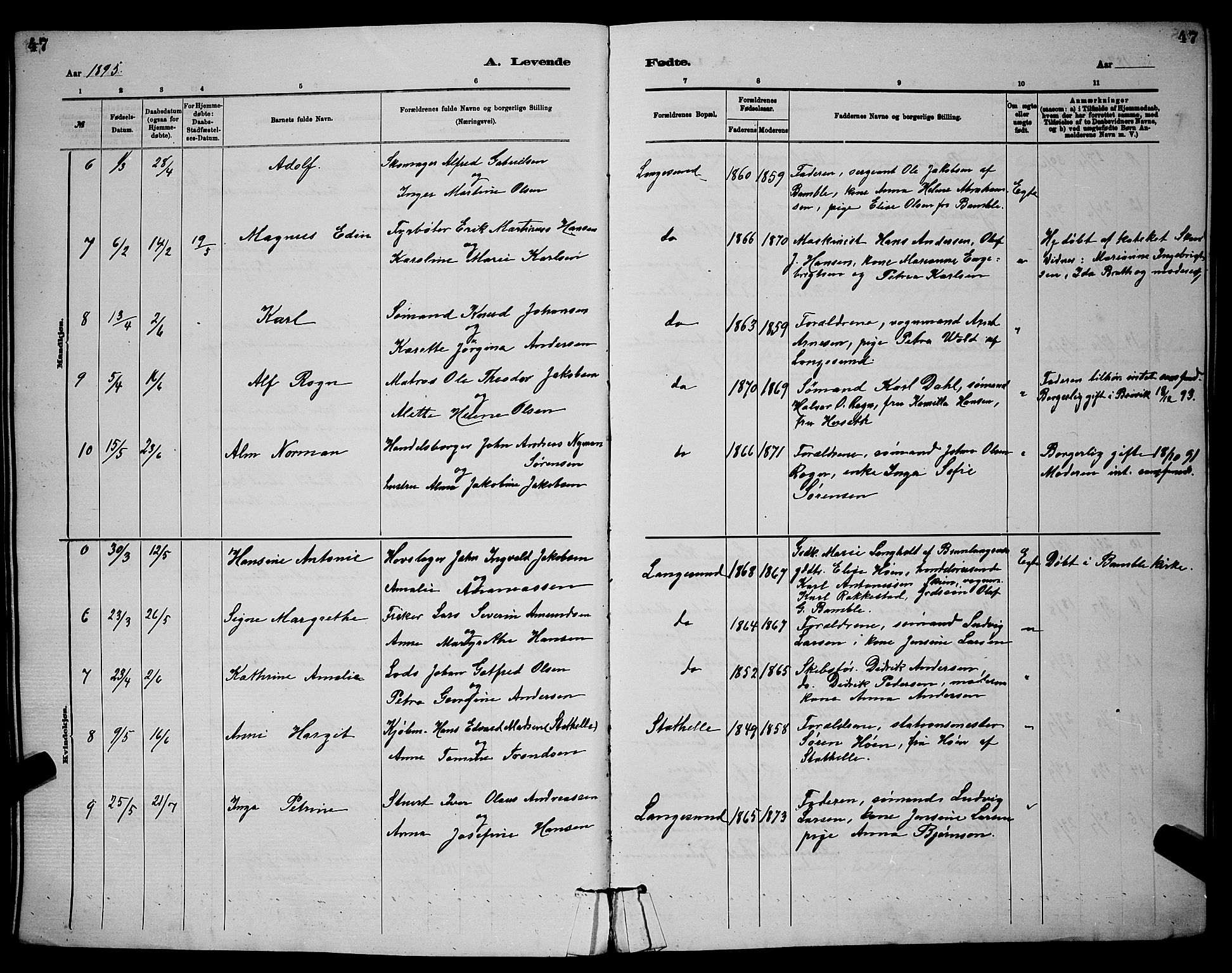Langesund kirkebøker, SAKO/A-280/G/Ga/L0005: Parish register (copy) no. 5, 1884-1898, p. 47