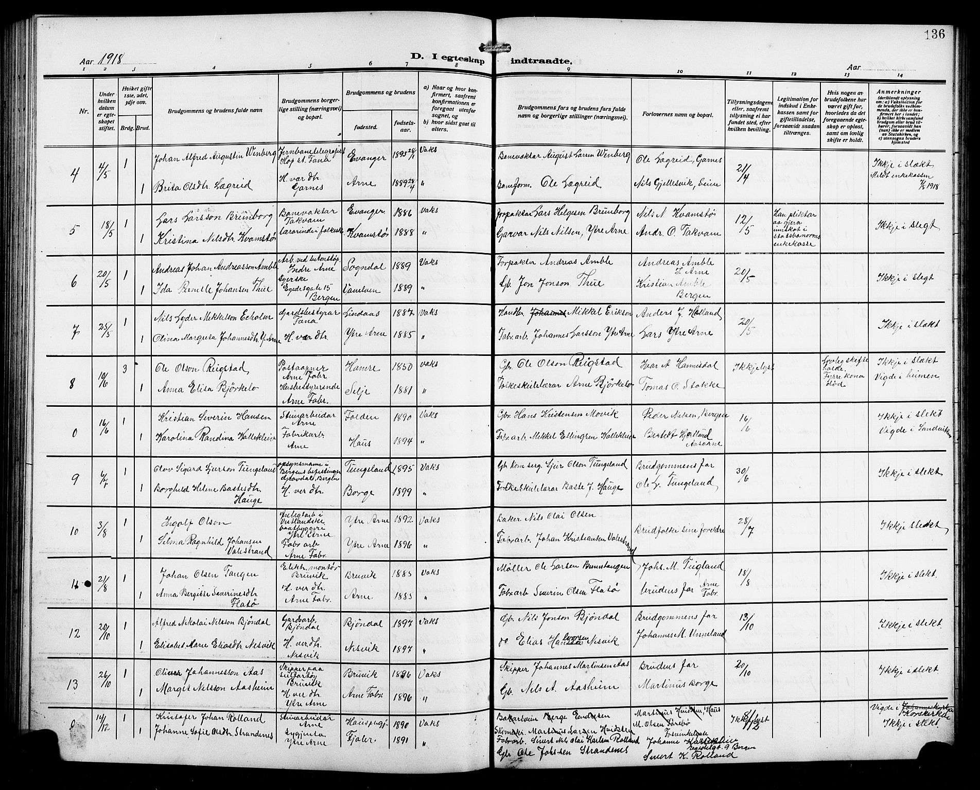 Arna Sokneprestembete, SAB/A-74001/H/Ha/Hab: Parish register (copy) no. A 5, 1911-1921, p. 136
