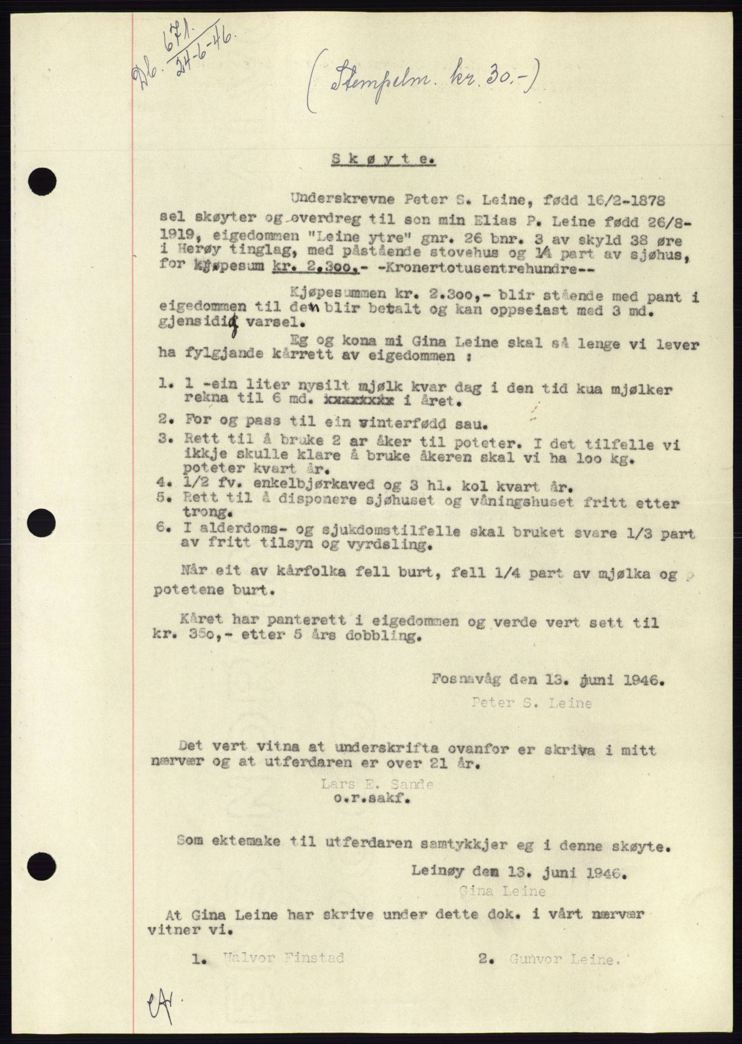 Søre Sunnmøre sorenskriveri, AV/SAT-A-4122/1/2/2C/L0078: Mortgage book no. 4A, 1946-1946, Diary no: : 671/1946