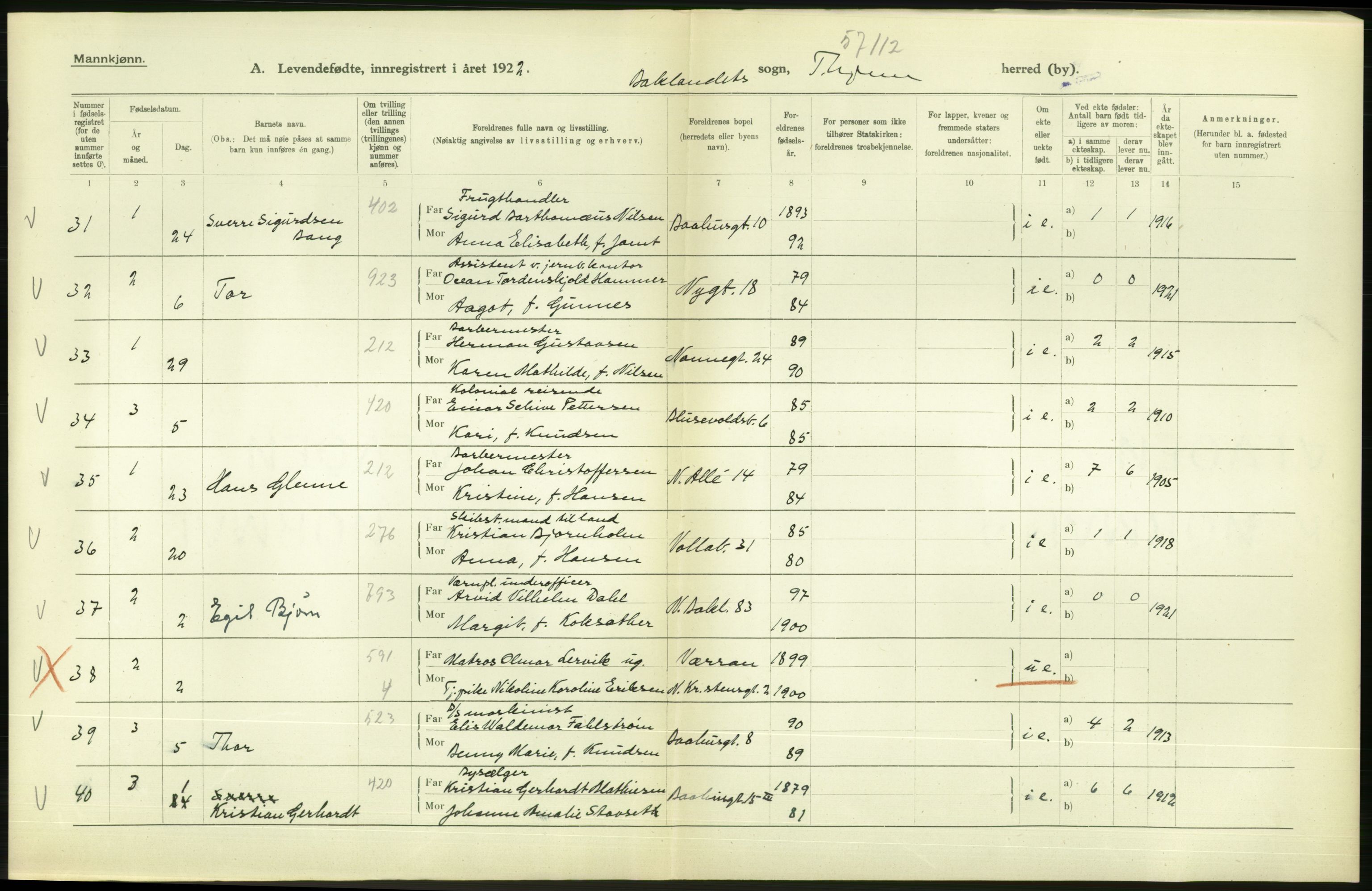 Statistisk sentralbyrå, Sosiodemografiske emner, Befolkning, AV/RA-S-2228/D/Df/Dfc/Dfcb/L0039: Trondheim: Levendefødte menn og kvinner., 1922, p. 36