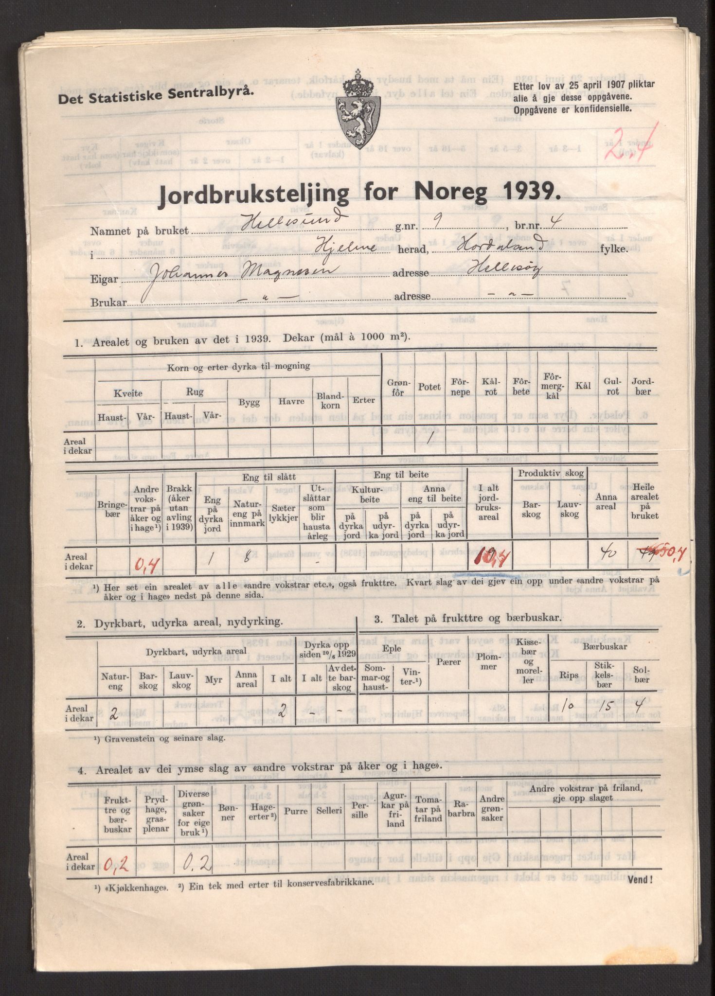 Statistisk sentralbyrå, Næringsøkonomiske emner, Jordbruk, skogbruk, jakt, fiske og fangst, AV/RA-S-2234/G/Gb/L0211: Hordaland: Herdla, Hjelme og Manger, 1939, p. 1249