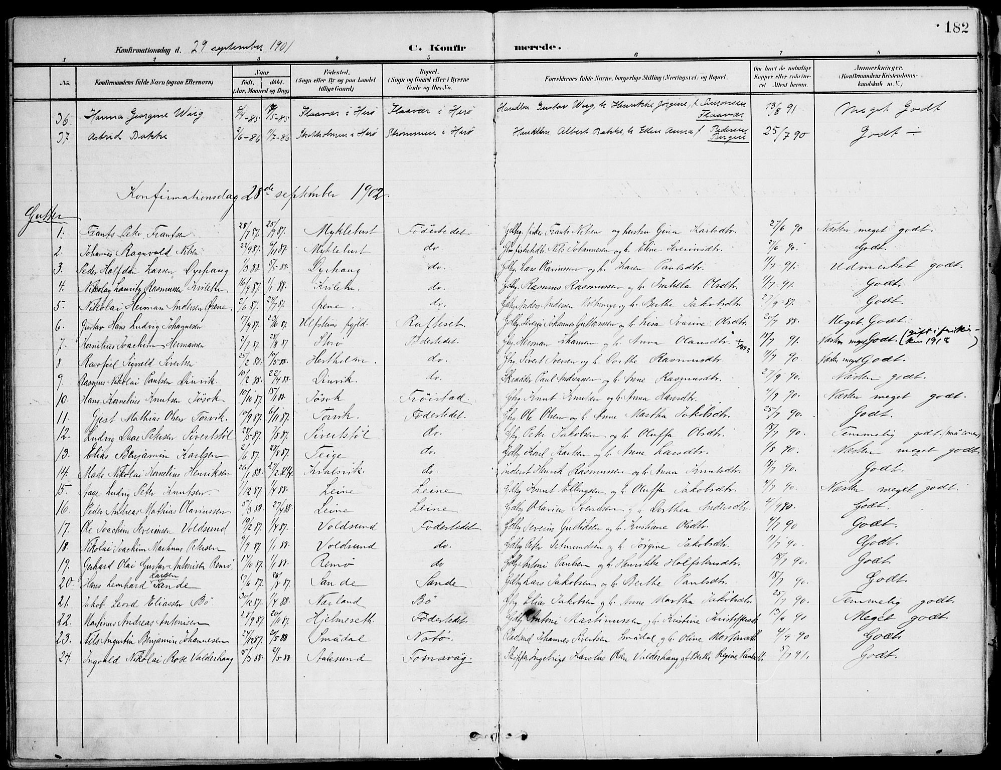 Ministerialprotokoller, klokkerbøker og fødselsregistre - Møre og Romsdal, SAT/A-1454/507/L0075: Parish register (official) no. 507A10, 1901-1920, p. 182