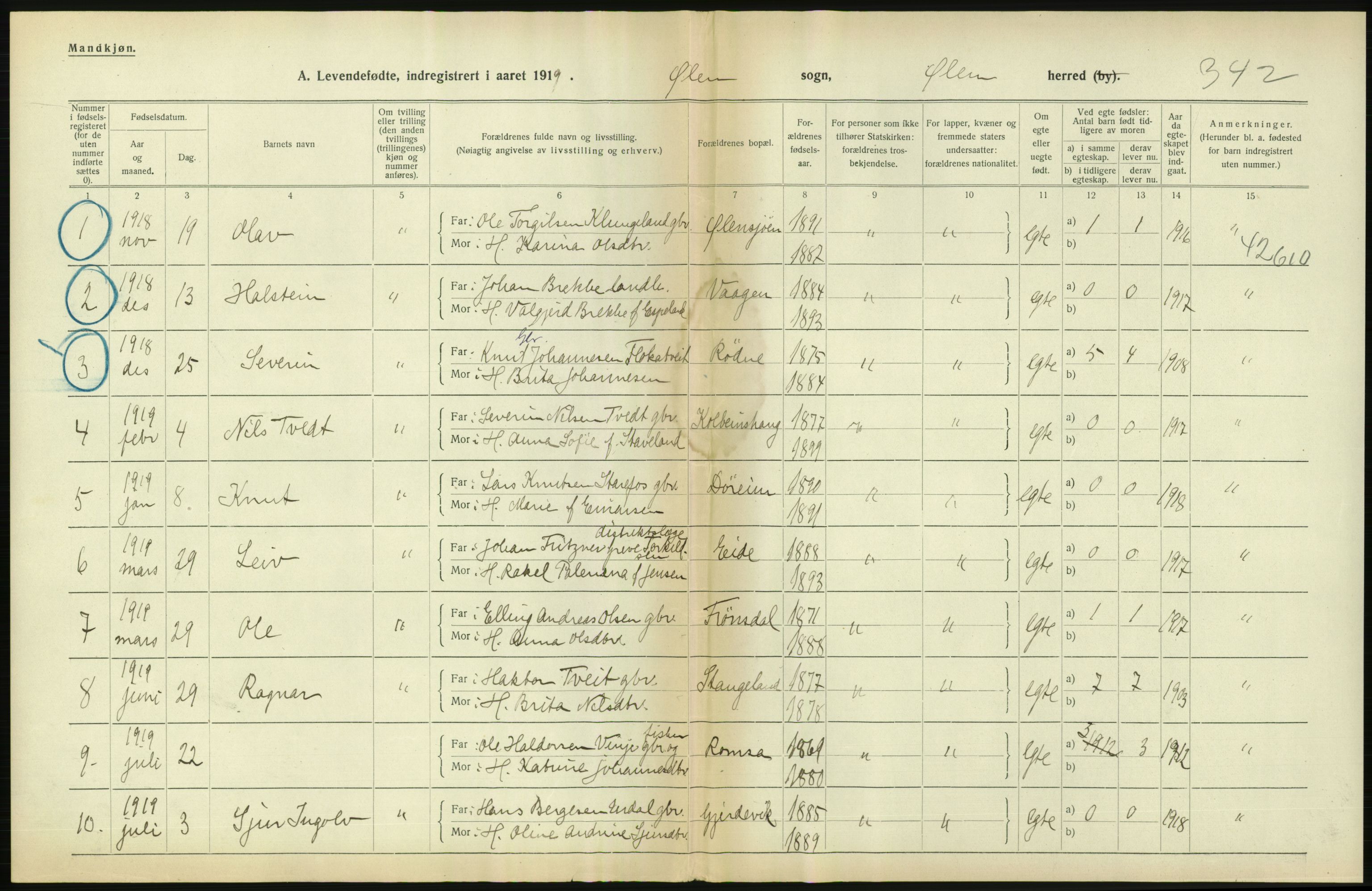 Statistisk sentralbyrå, Sosiodemografiske emner, Befolkning, RA/S-2228/D/Df/Dfb/Dfbi/L0031: Hordaland fylke: Levendefødte menn og kvinner. Bygder., 1919, p. 580