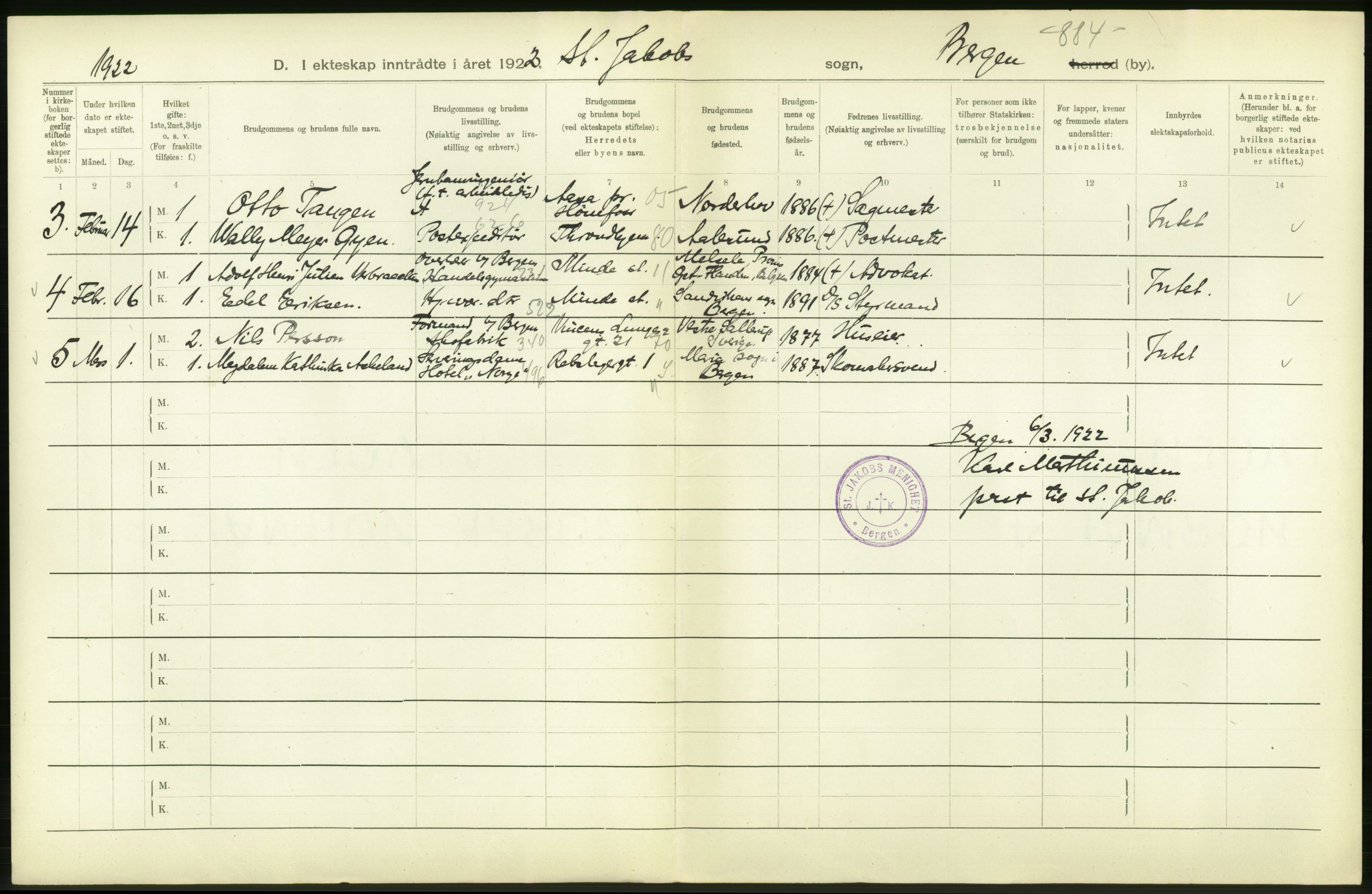 Statistisk sentralbyrå, Sosiodemografiske emner, Befolkning, AV/RA-S-2228/D/Df/Dfc/Dfcb/L0030: Bergen: Gifte, døde, dødfødte., 1922, p. 12