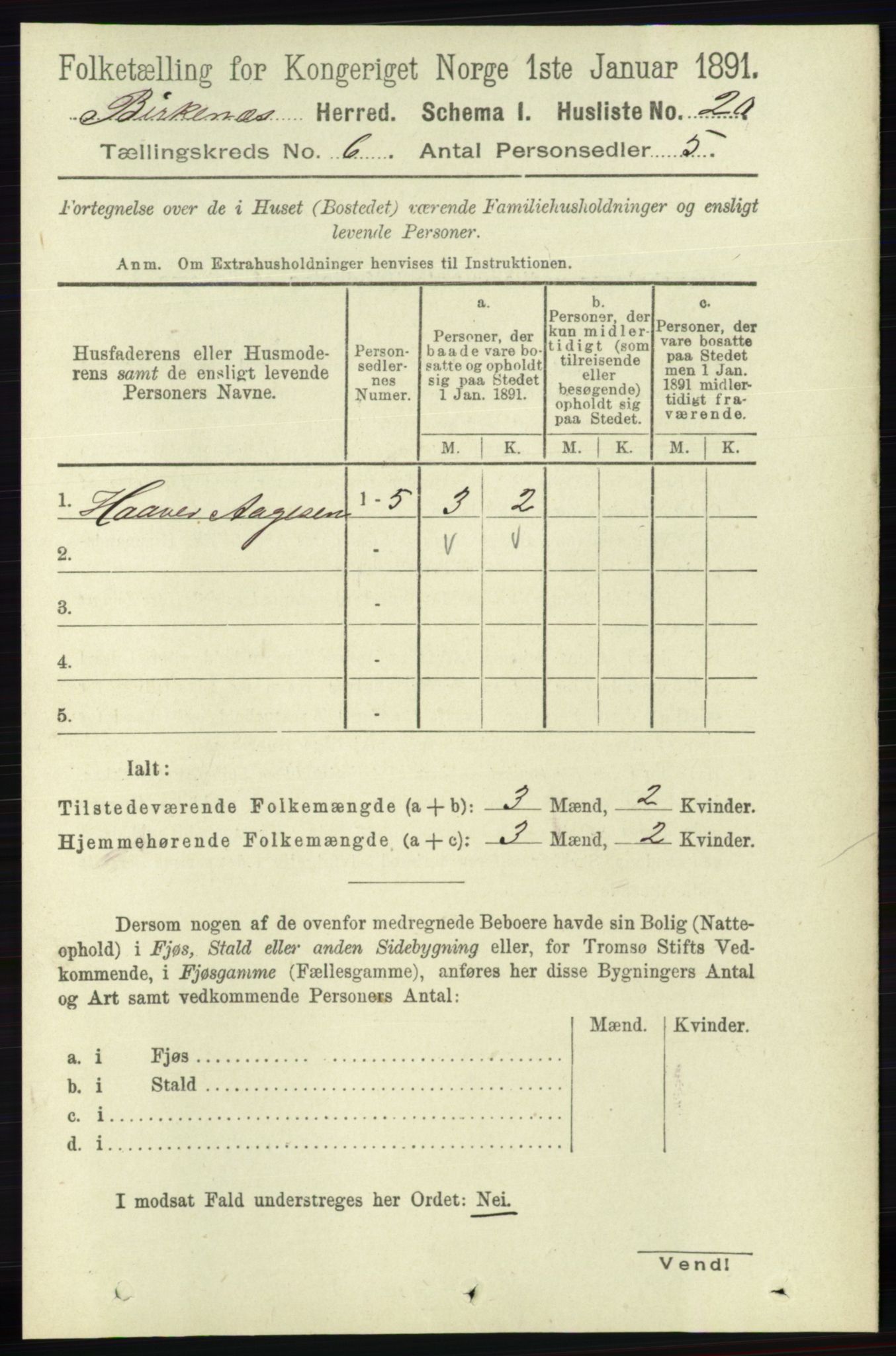 RA, 1891 Census for 0928 Birkenes, 1891, p. 1785