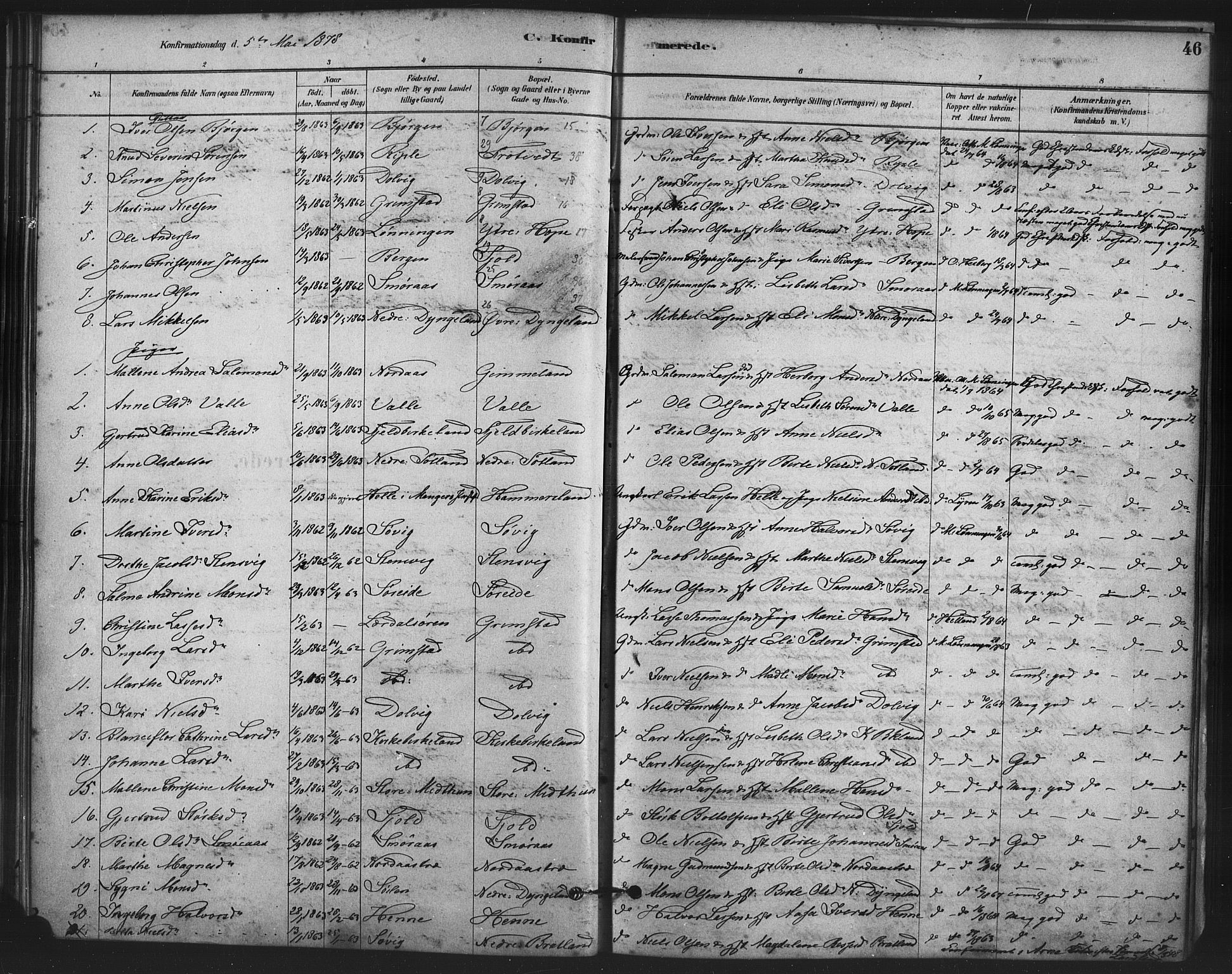 Fana Sokneprestembete, SAB/A-75101/H/Haa/Haai/L0001: Parish register (official) no. I 1, 1878-1888, p. 46