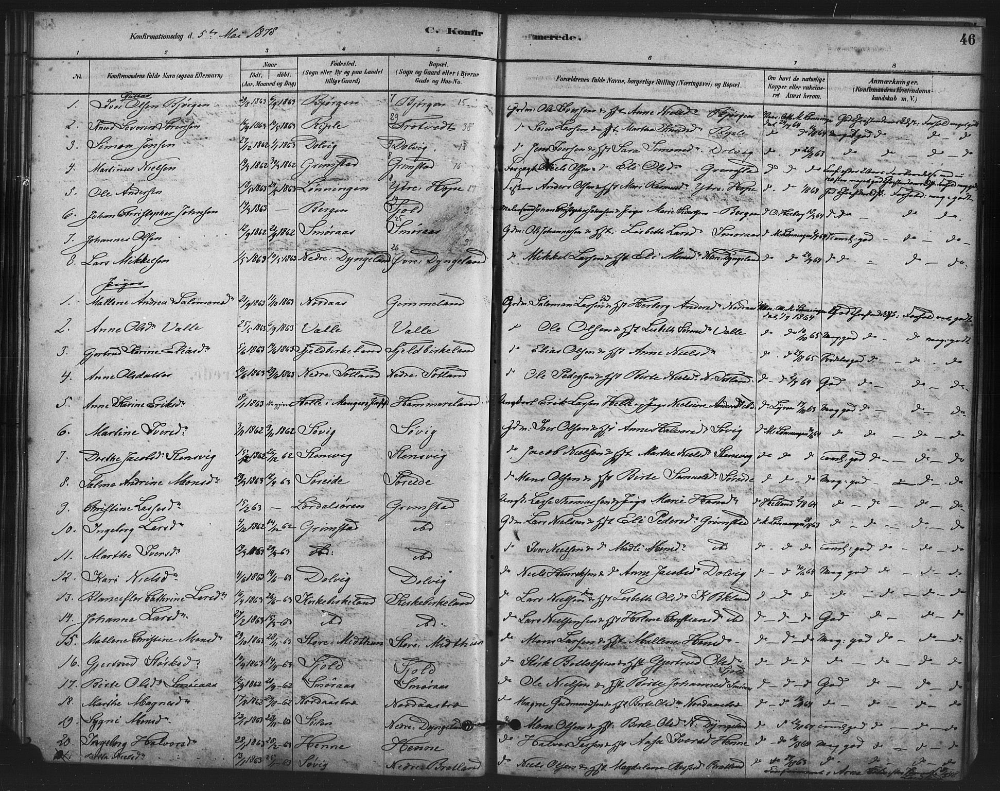 Fana Sokneprestembete, AV/SAB-A-75101/H/Haa/Haai/L0001: Parish register (official) no. I 1, 1878-1888, p. 46