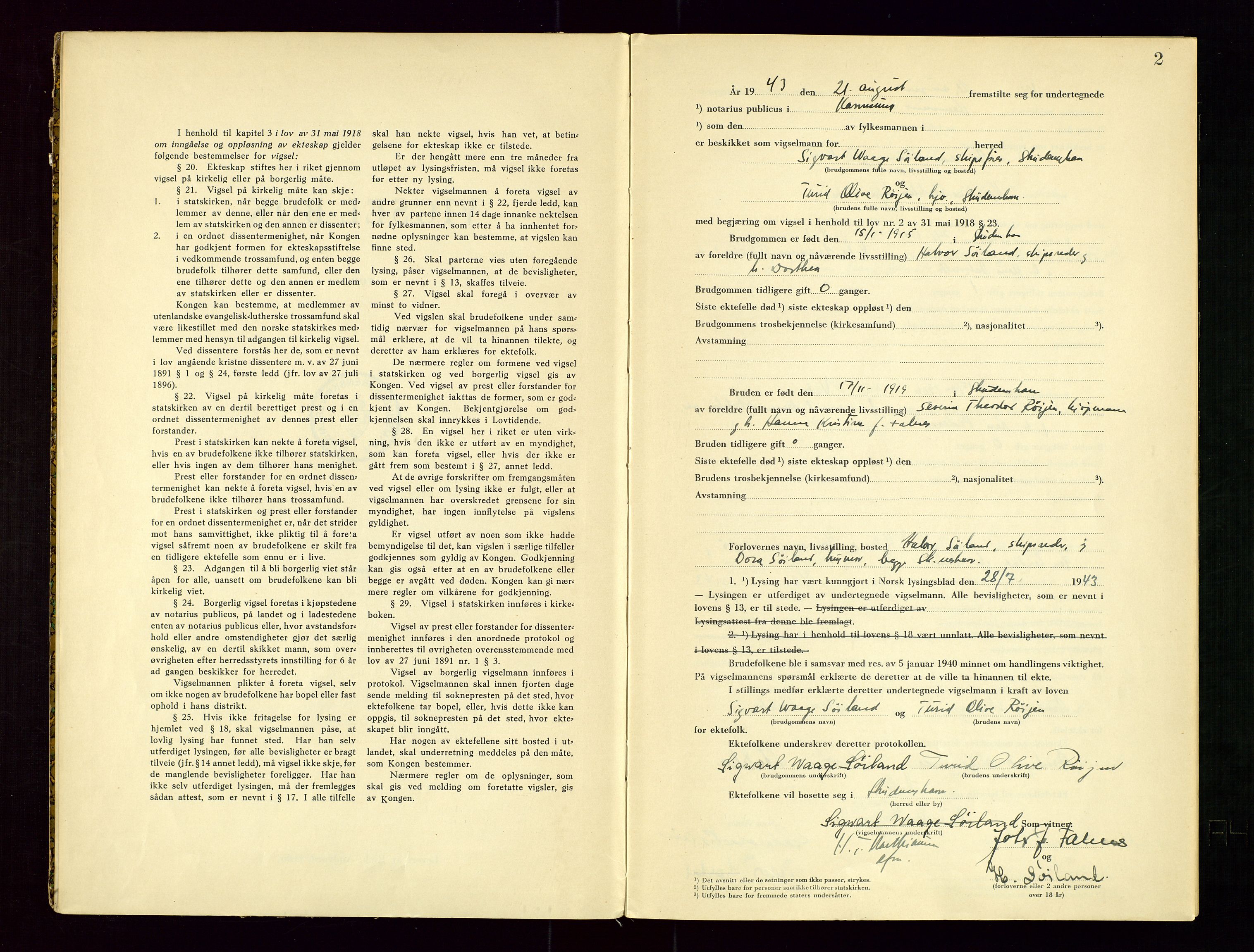 Karmsund sorenskriveri, AV/SAST-A-100311/01/III/IIICBA/L0003: VIGSELSBOK, 1943-1944, p. 2