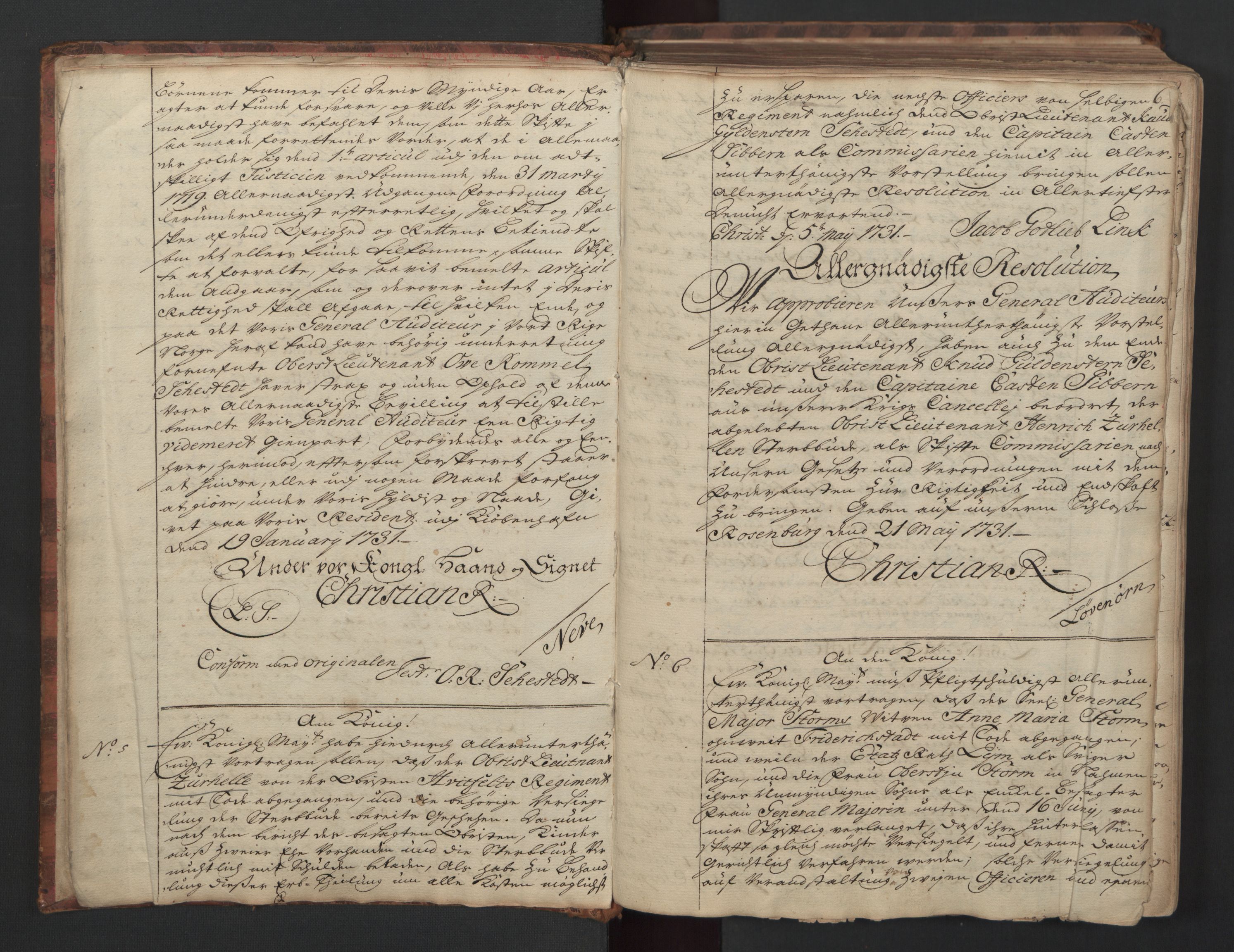 Forsvaret, Generalauditøren, AV/RA-RAFA-1772/F/Fj/Fjc/L0001: Protocollum over de af mig expederede Forslager om commissarier udi de afgangne Stabs Officerers og stabs- Betienteres sterboer og de der paa fuldte Kong: Resolutioner, samt de af mig udfærdige Erklæringer over de militaire andsøgninger, 1730-1753, p. 5b-6a