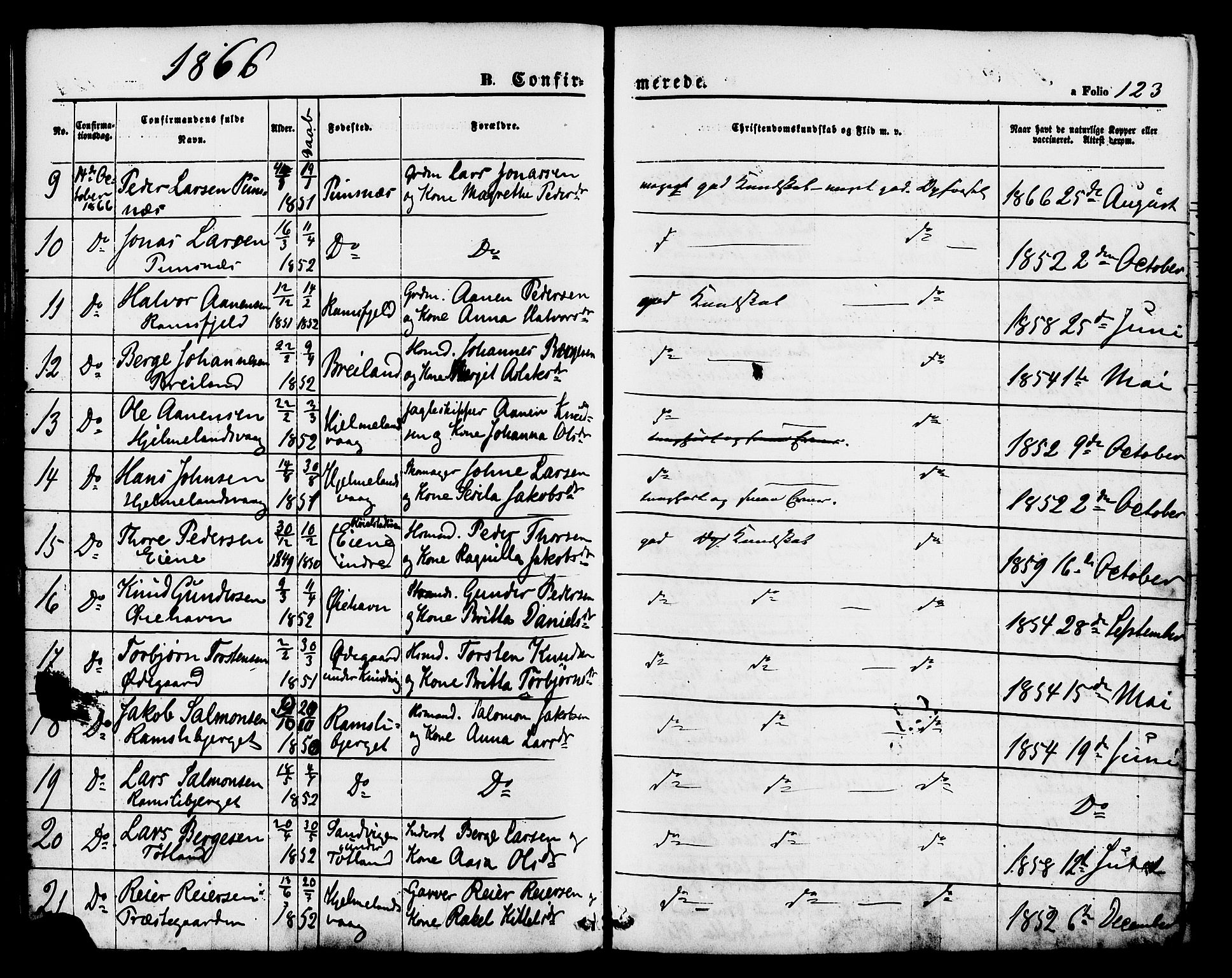 Hjelmeland sokneprestkontor, SAST/A-101843/01/IV/L0011: Parish register (official) no. A 11, 1861-1878, p. 123