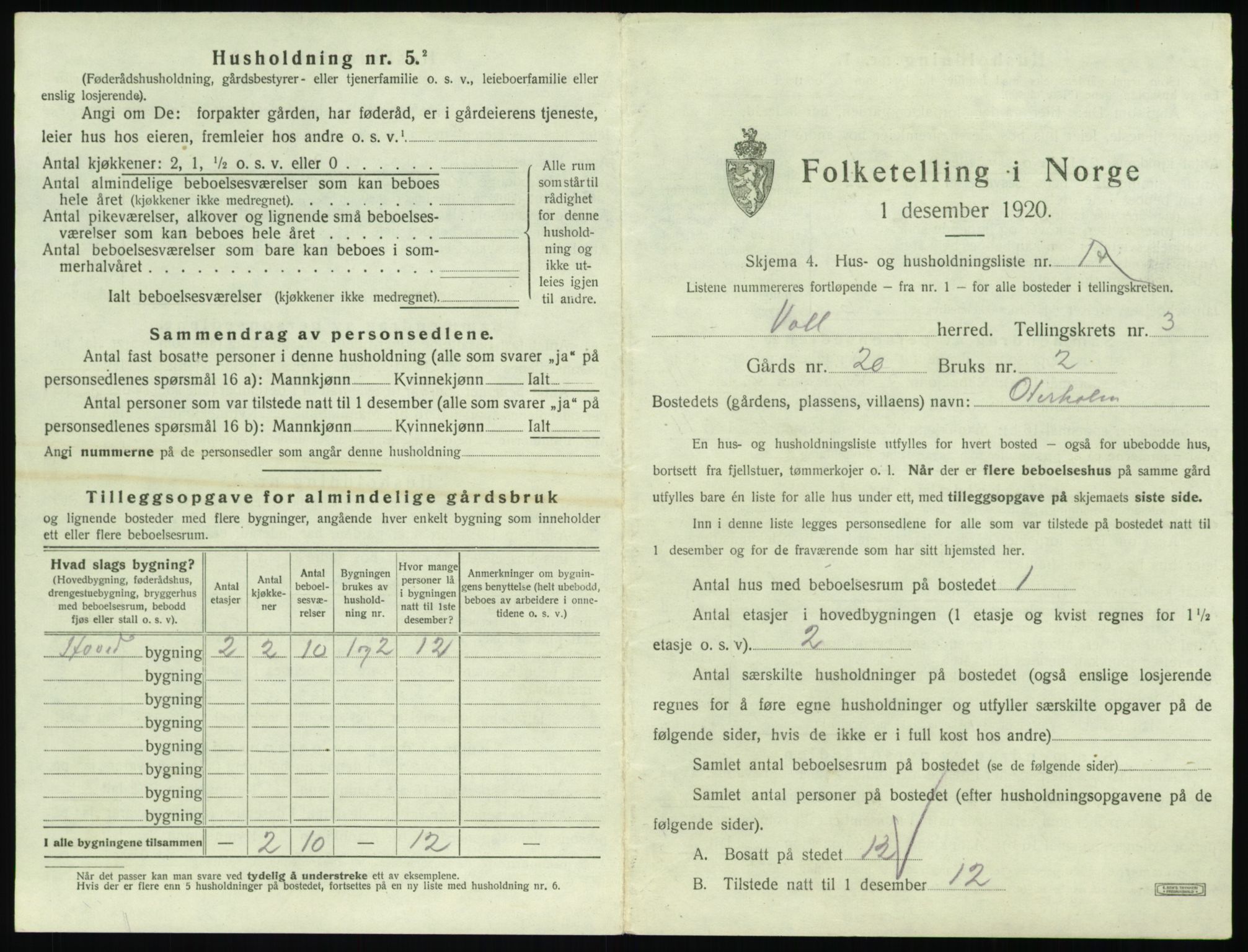 SAT, 1920 census for Voll, 1920, p. 169