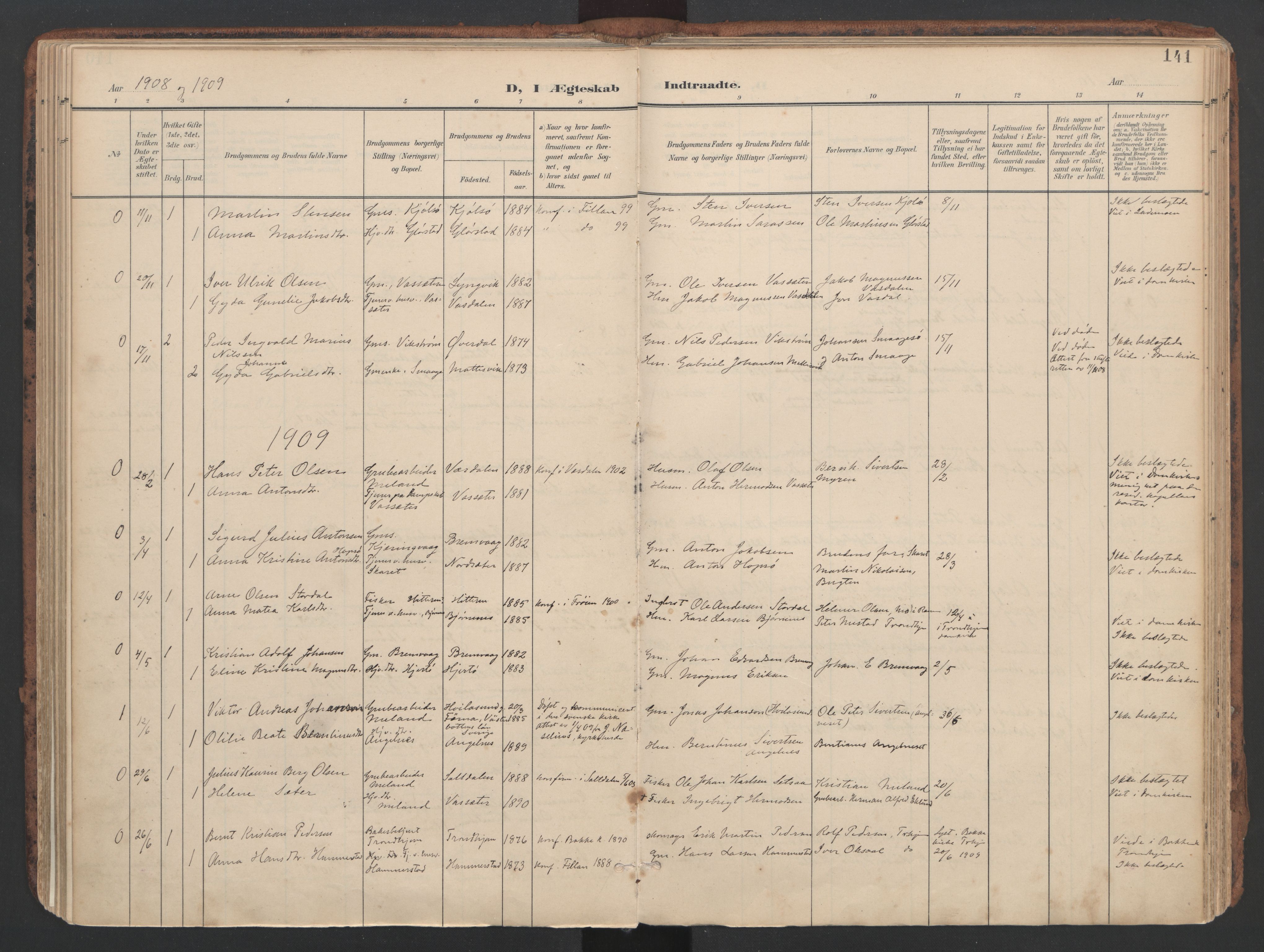 Ministerialprotokoller, klokkerbøker og fødselsregistre - Sør-Trøndelag, SAT/A-1456/634/L0537: Parish register (official) no. 634A13, 1896-1922, p. 141