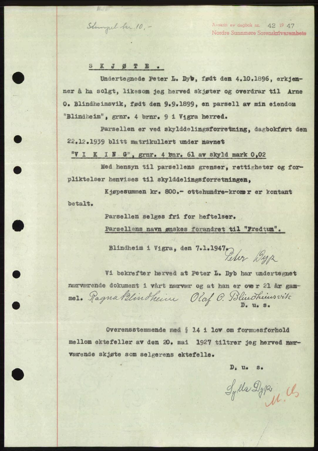 Nordre Sunnmøre sorenskriveri, AV/SAT-A-0006/1/2/2C/2Ca: Mortgage book no. A23, 1946-1947, Diary no: : 42/1947