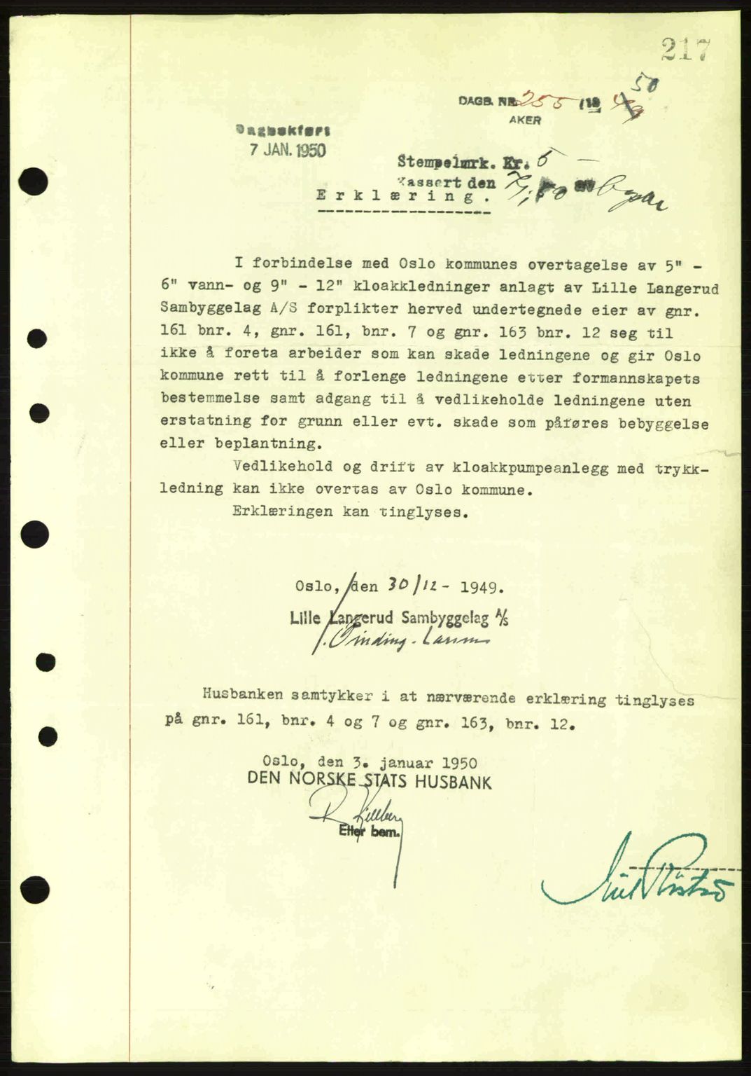 Oslo byskriverembete, AV/SAO-A-10227/G/Gb/Gbd/Gbda/L0017: Mortgage book no. A215, 1949-1950, Diary no: : 255/1950