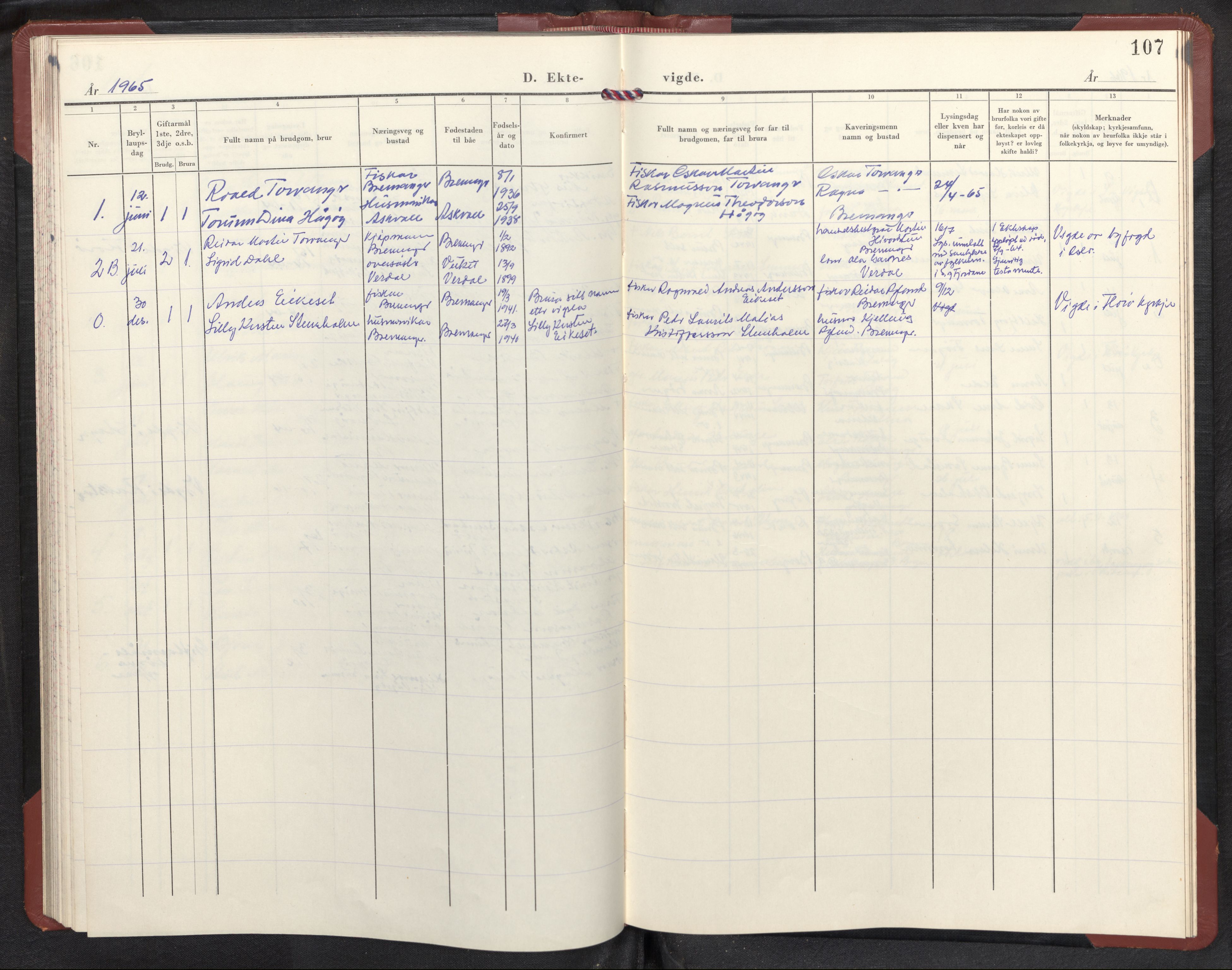 Bremanger sokneprestembete, SAB/A-82201/H/Hab/Habc/L0004: Parish register (copy) no. C 4, 1953-1970, p. 106b-107a