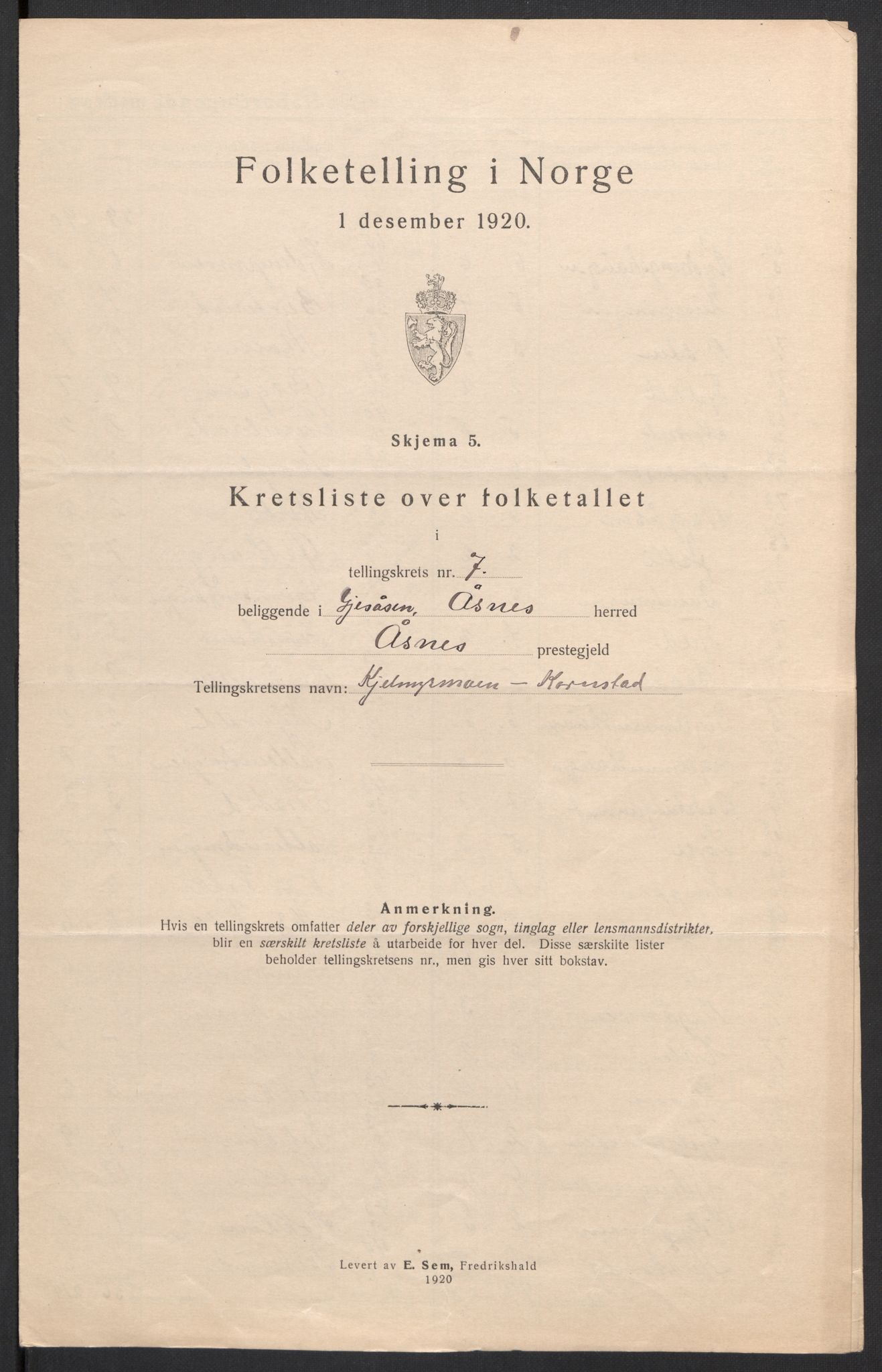 SAH, 1920 census for Åsnes, 1920, p. 27