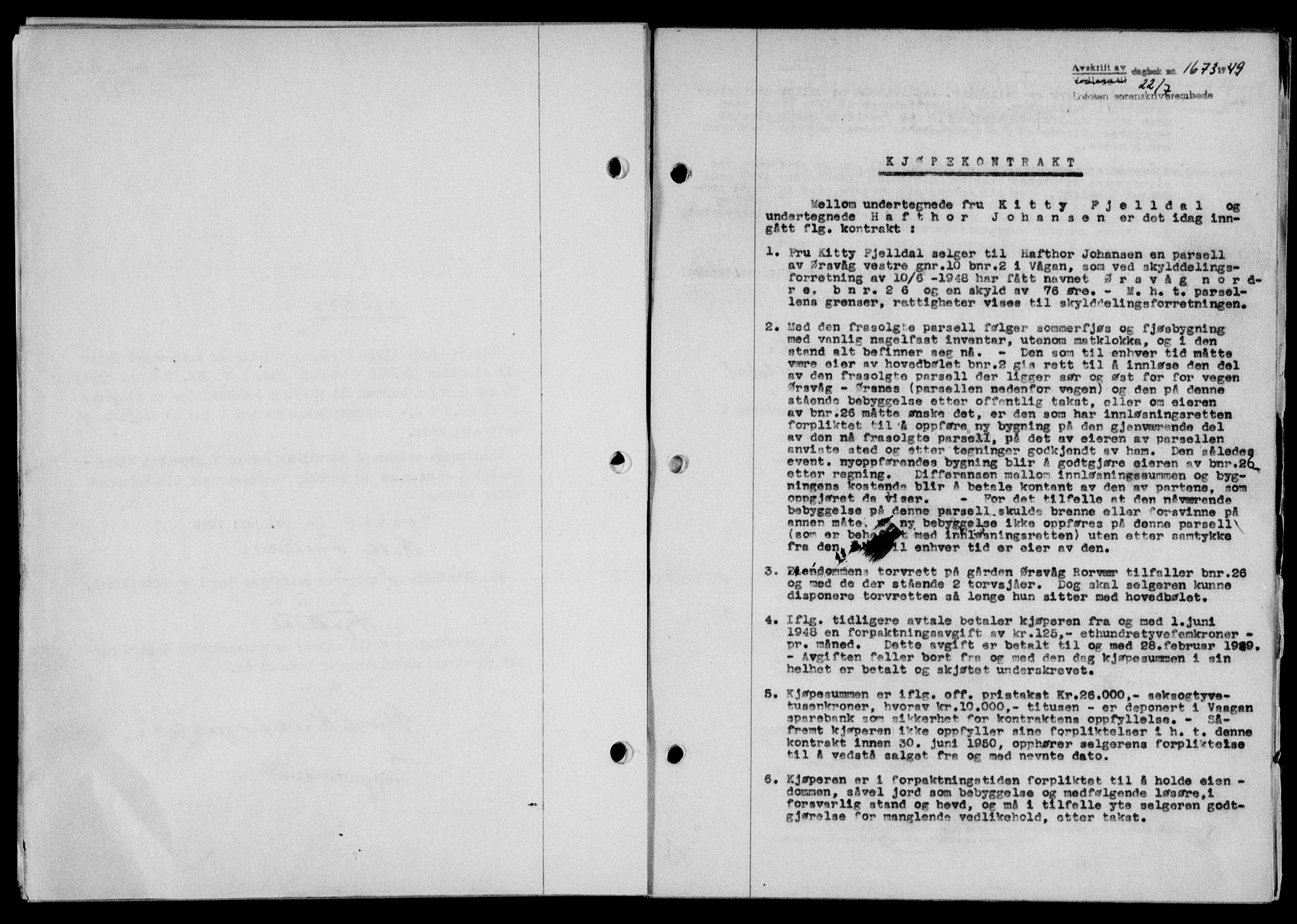 Lofoten sorenskriveri, SAT/A-0017/1/2/2C/L0021a: Mortgage book no. 21a, 1949-1949, Diary no: : 1673/1949