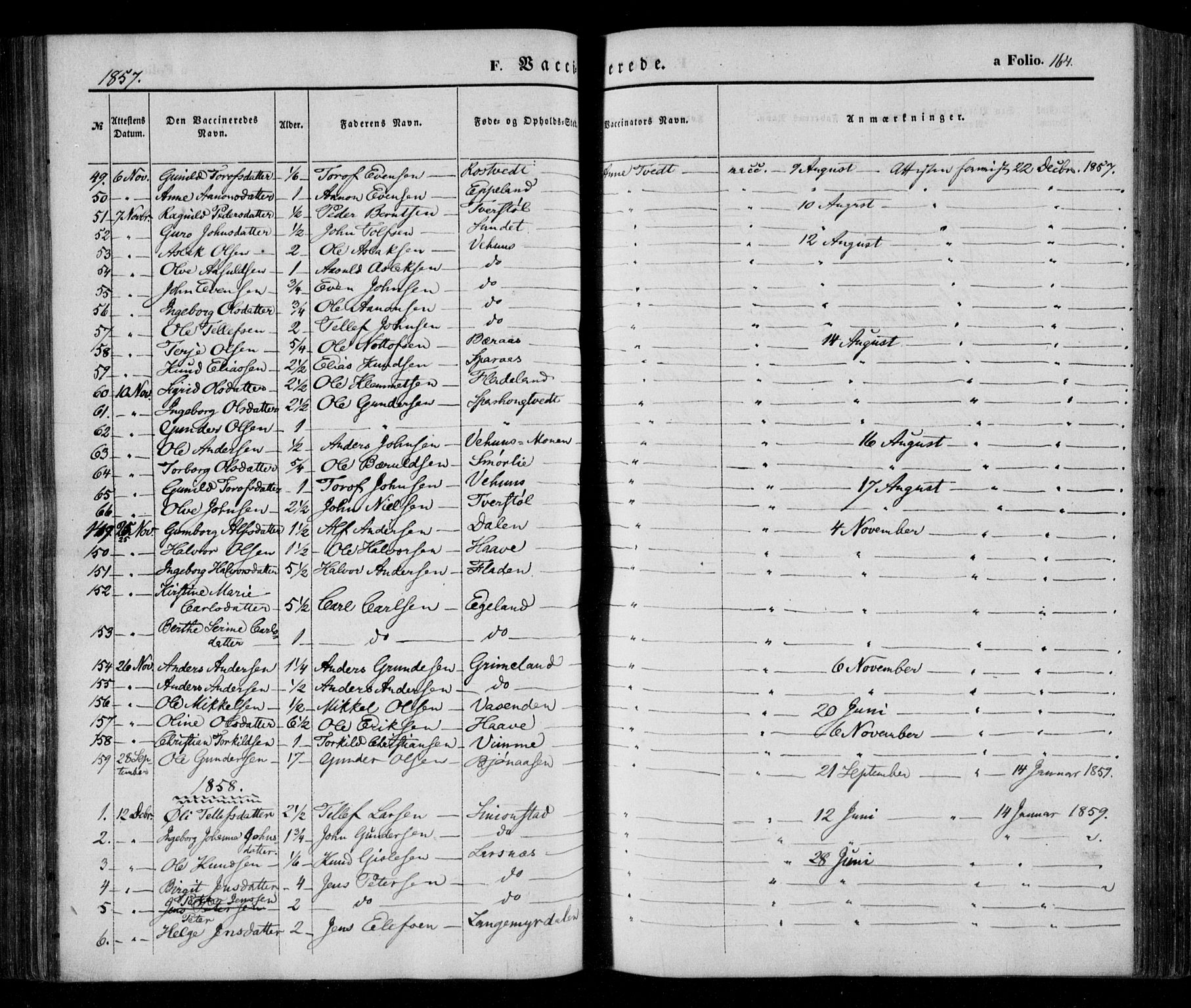 Åmli sokneprestkontor, SAK/1111-0050/F/Fa/Fac/L0008: Parish register (official) no. A 8, 1852-1869, p. 164