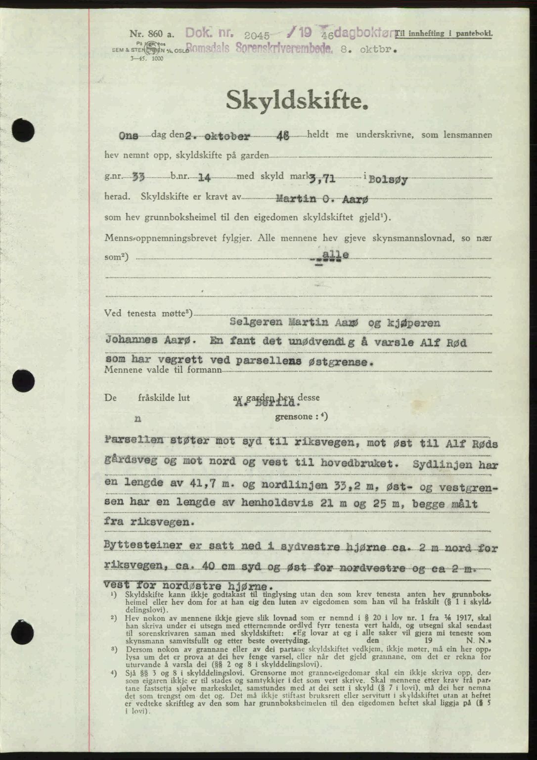 Romsdal sorenskriveri, AV/SAT-A-4149/1/2/2C: Mortgage book no. A21, 1946-1946, Diary no: : 2045/1946