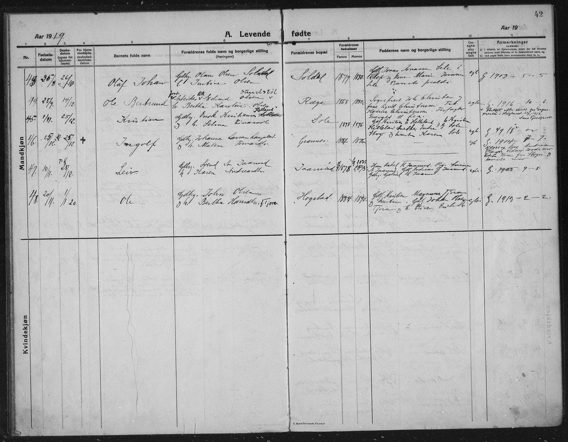 Håland sokneprestkontor, SAST/A-101802/002/C/L0001: Parish register (official) no. A 14, 1913-1927, p. 42