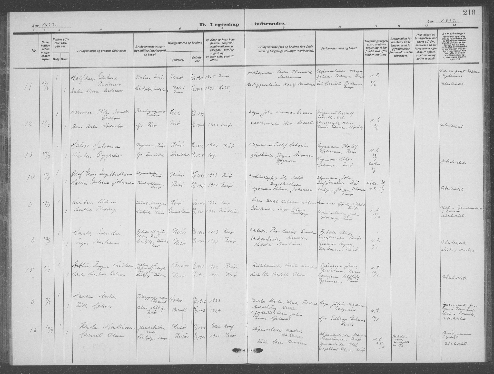 Risør sokneprestkontor, SAK/1111-0035/F/Fb/L0009: Parish register (copy) no. B 9, 1922-1939, p. 219