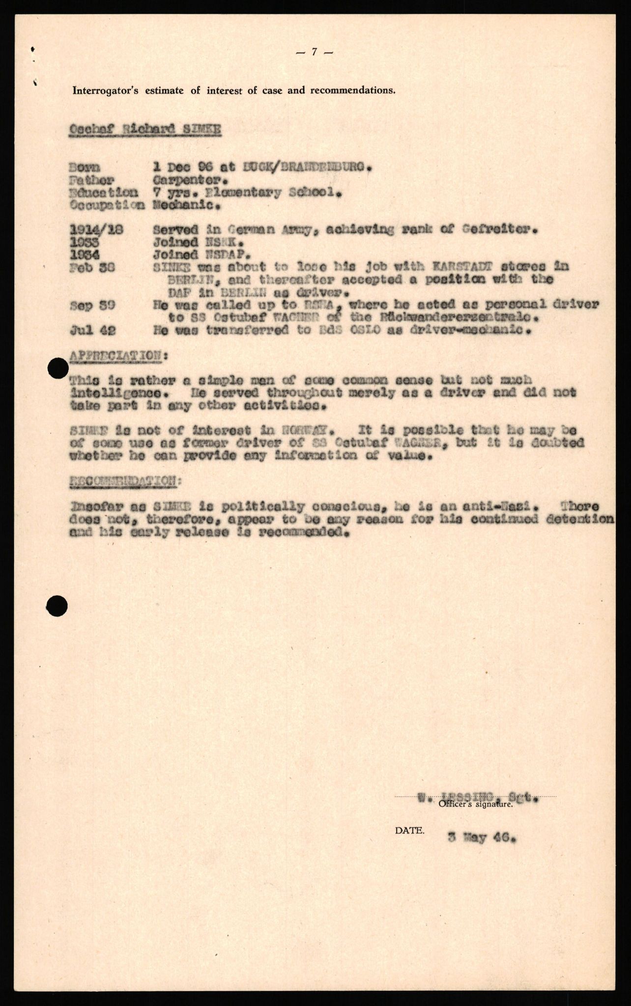 Forsvaret, Forsvarets overkommando II, AV/RA-RAFA-3915/D/Db/L0032: CI Questionaires. Tyske okkupasjonsstyrker i Norge. Tyskere., 1945-1946, p. 97