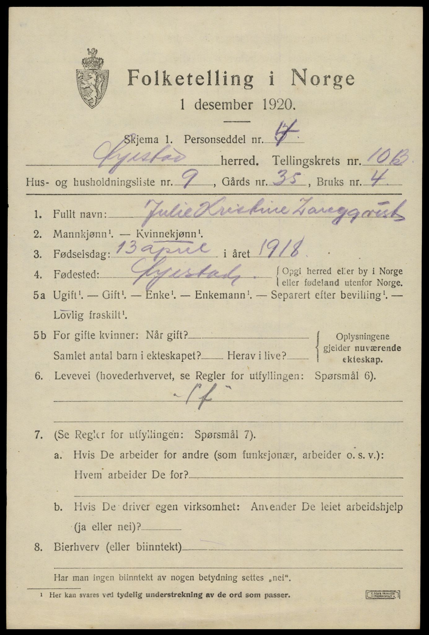 SAK, 1920 census for Øyestad, 1920, p. 6482