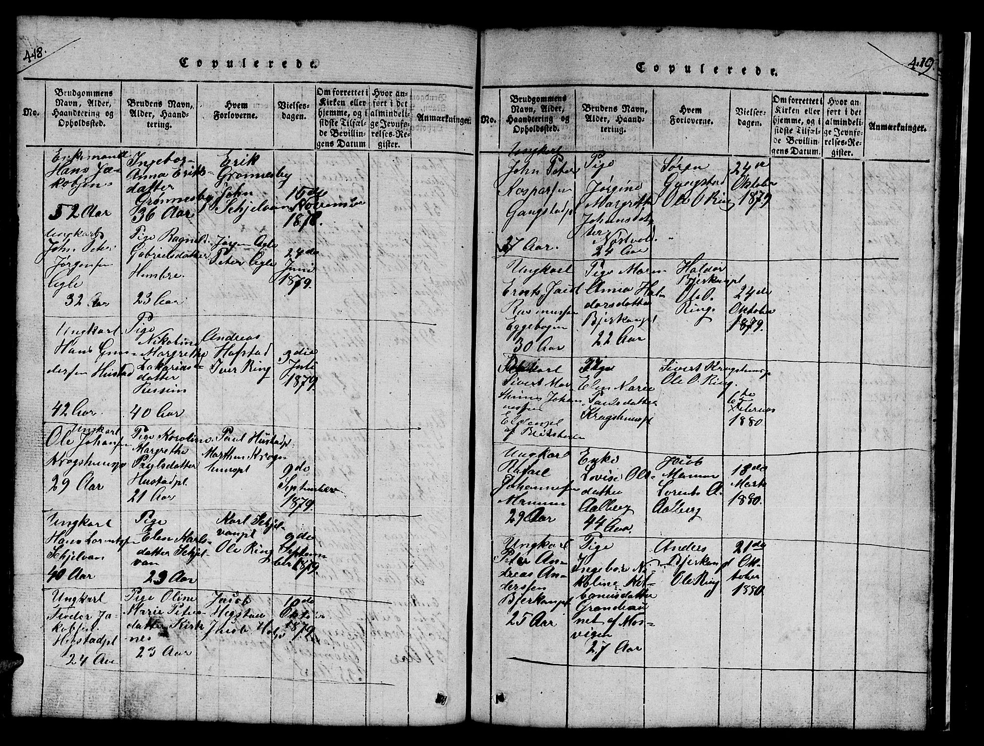 Ministerialprotokoller, klokkerbøker og fødselsregistre - Nord-Trøndelag, AV/SAT-A-1458/732/L0317: Parish register (copy) no. 732C01, 1816-1881, p. 418-419