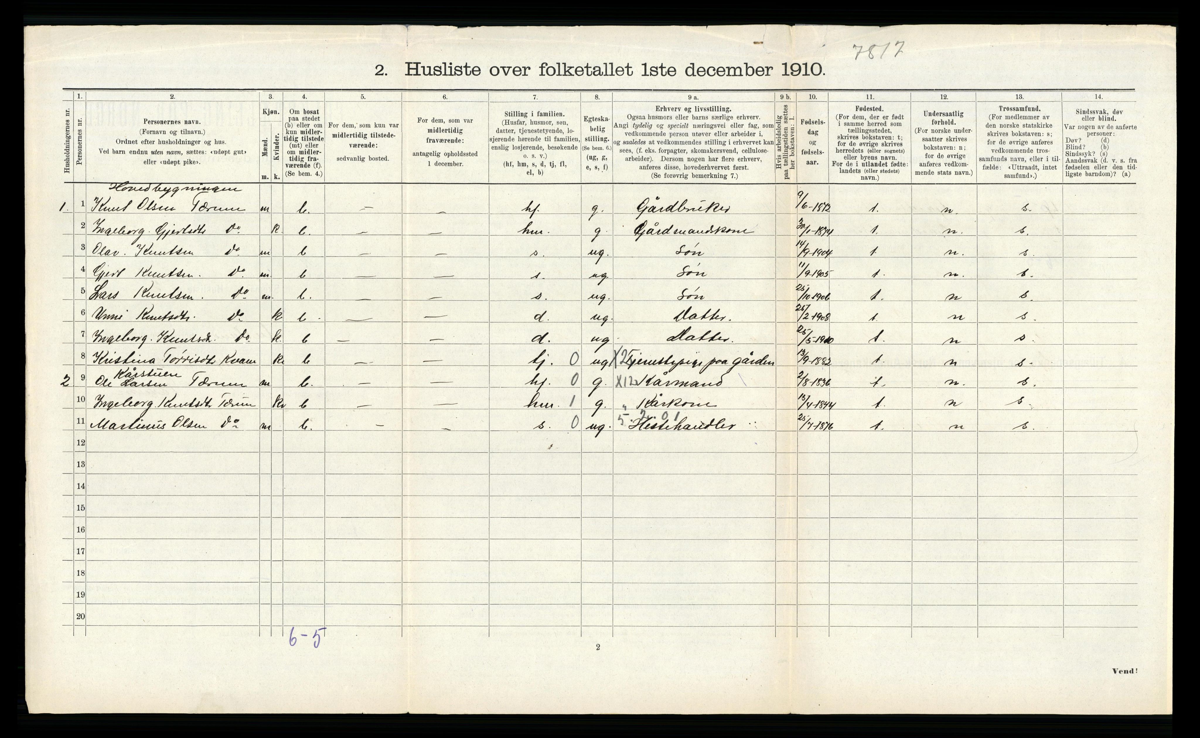 RA, 1910 census for Aurland, 1910, p. 448