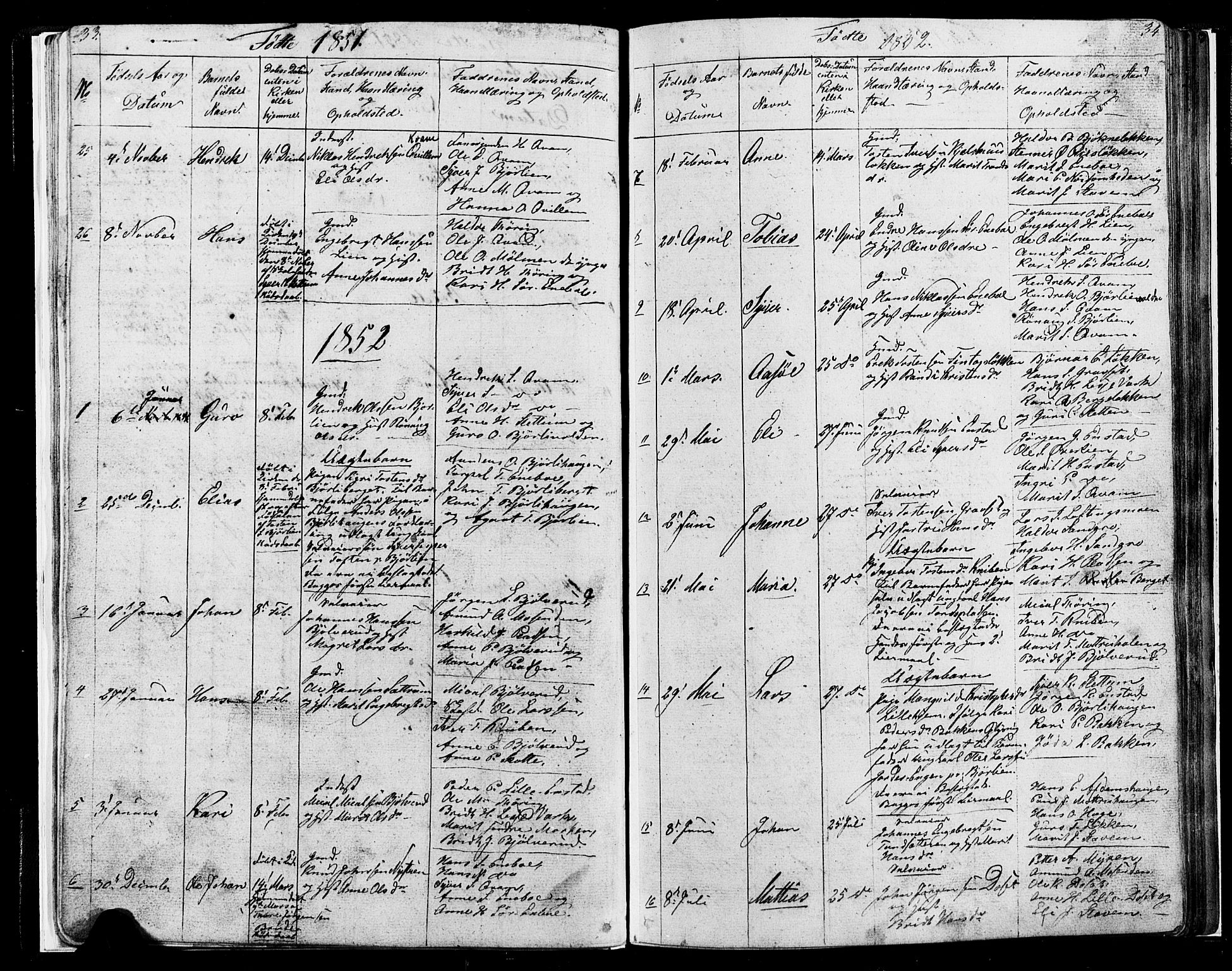 Lesja prestekontor, SAH/PREST-068/H/Ha/Hab/L0004: Parish register (copy) no. 4, 1842-1871, p. 33-34