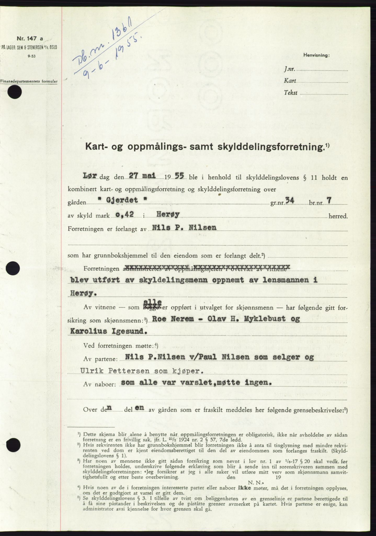 Søre Sunnmøre sorenskriveri, AV/SAT-A-4122/1/2/2C/L0101: Mortgage book no. 27A, 1955-1955, Diary no: : 1361/1955