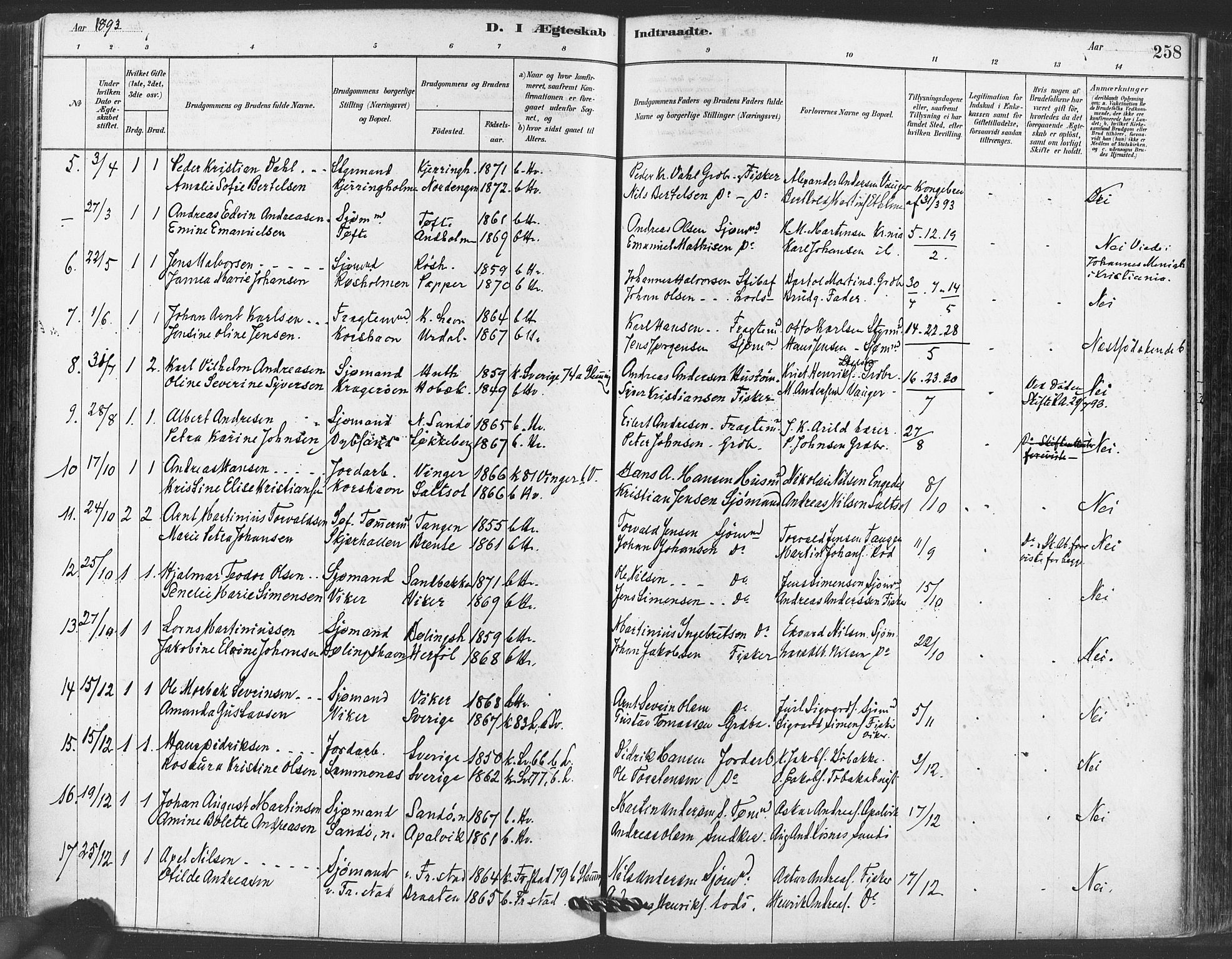 Hvaler prestekontor Kirkebøker, SAO/A-2001/F/Fa/L0008: Parish register (official) no. I 8, 1878-1895, p. 258