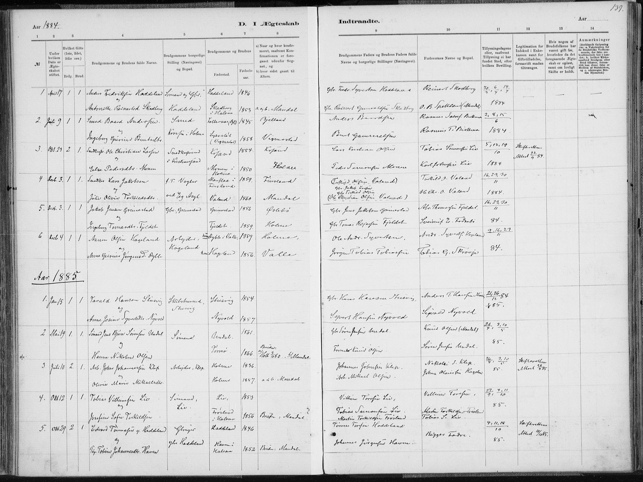 Holum sokneprestkontor, SAK/1111-0022/F/Fa/Faa/L0007: Parish register (official) no. A 7, 1884-1907, p. 139