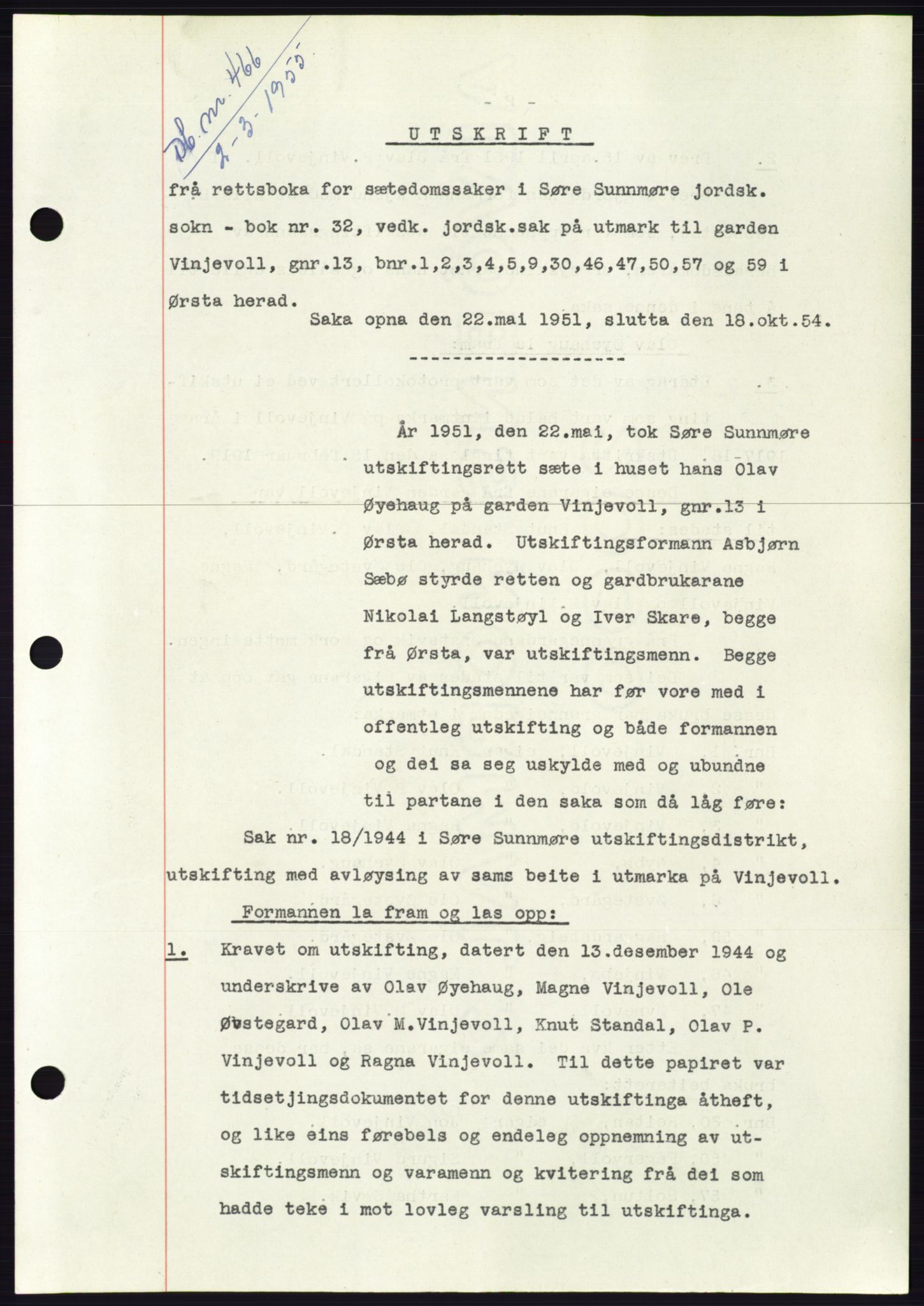 Søre Sunnmøre sorenskriveri, AV/SAT-A-4122/1/2/2C/L0100: Mortgage book no. 26A, 1954-1955, Diary no: : 466/1955