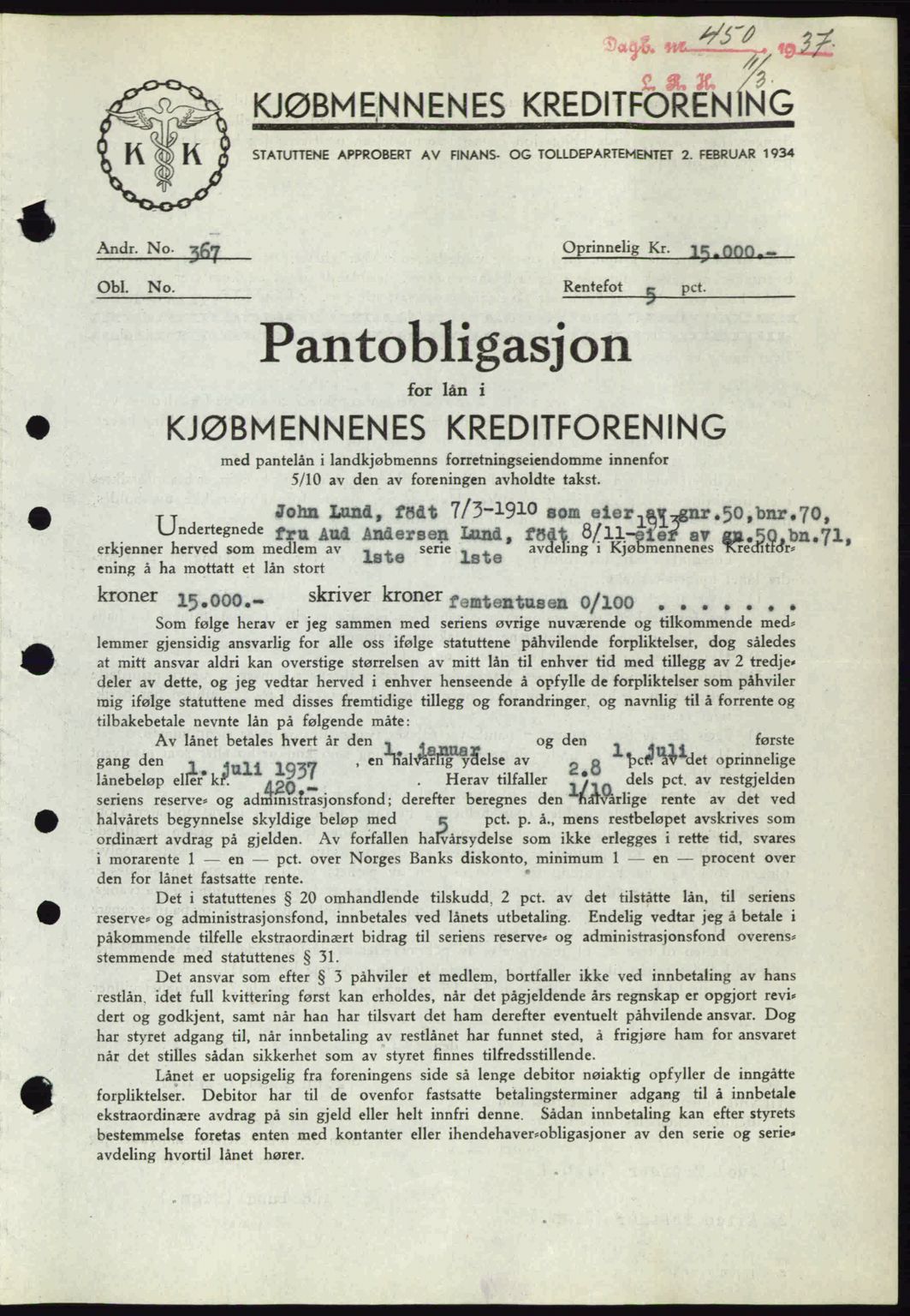 Lier, Røyken og Hurum sorenskriveri, SAKO/A-89/G/Ga/Gab/L0056: Mortgage book no. 56, 1937-1937, Diary no: : 450/1937