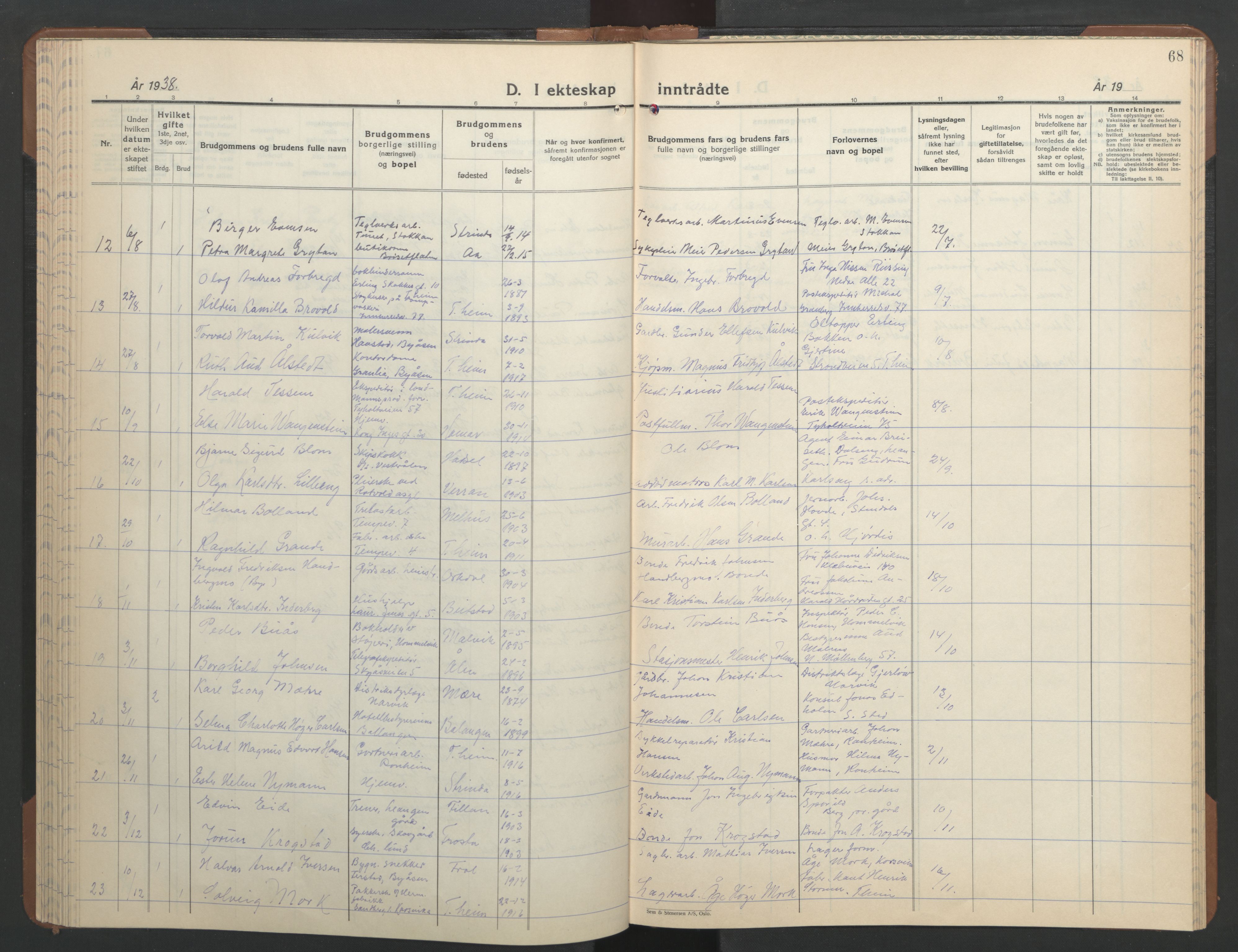 Ministerialprotokoller, klokkerbøker og fødselsregistre - Sør-Trøndelag, SAT/A-1456/606/L0315: Parish register (copy) no. 606C11, 1938-1947, p. 68