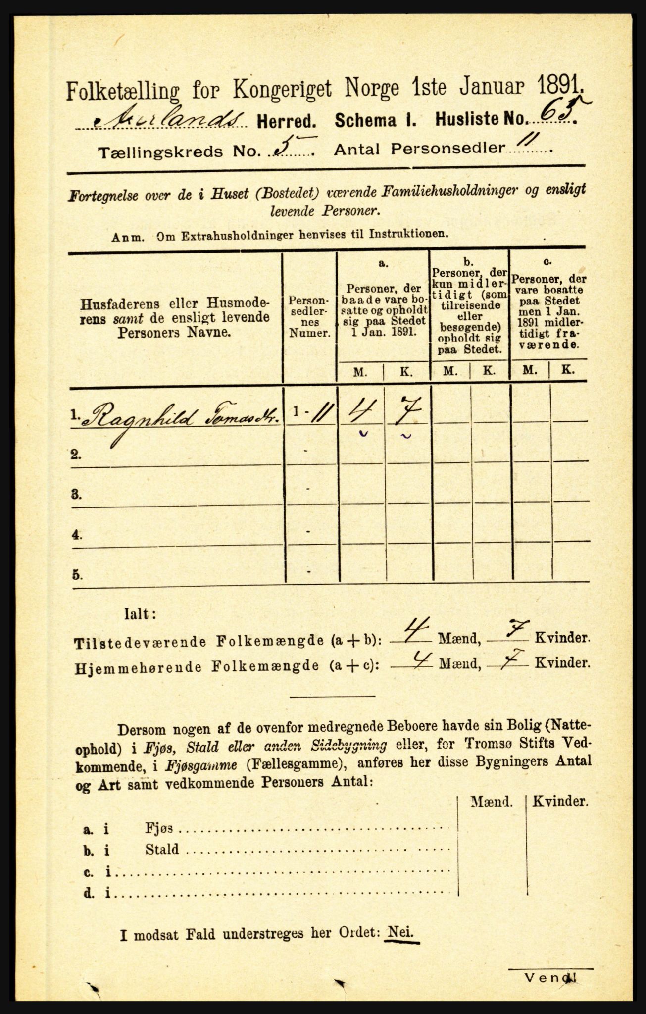 RA, 1891 census for 1421 Aurland, 1891, p. 1773