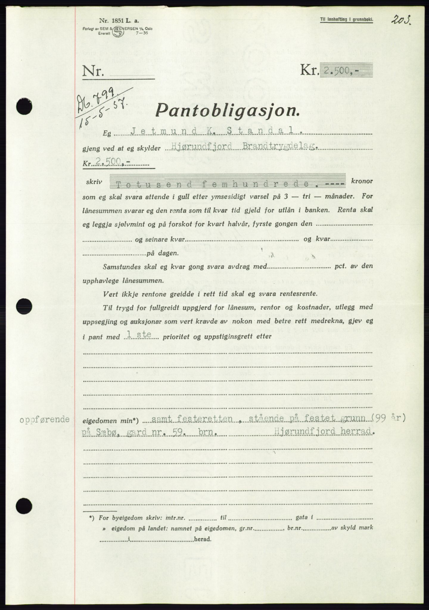 Søre Sunnmøre sorenskriveri, AV/SAT-A-4122/1/2/2C/L0063: Mortgage book no. 57, 1937-1937, Diary no: : 799/1937