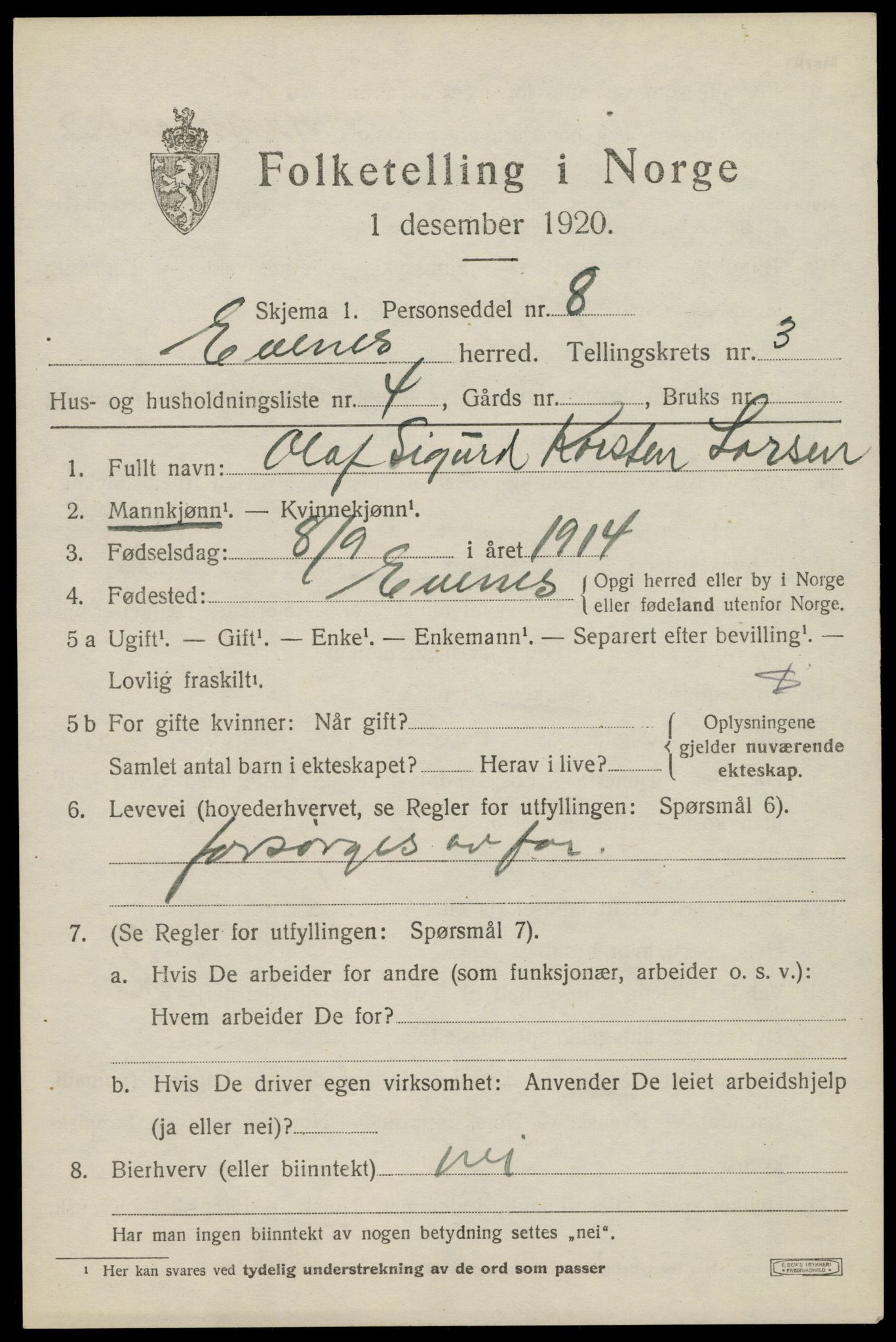 SAT, 1920 census for Evenes, 1920, p. 2998