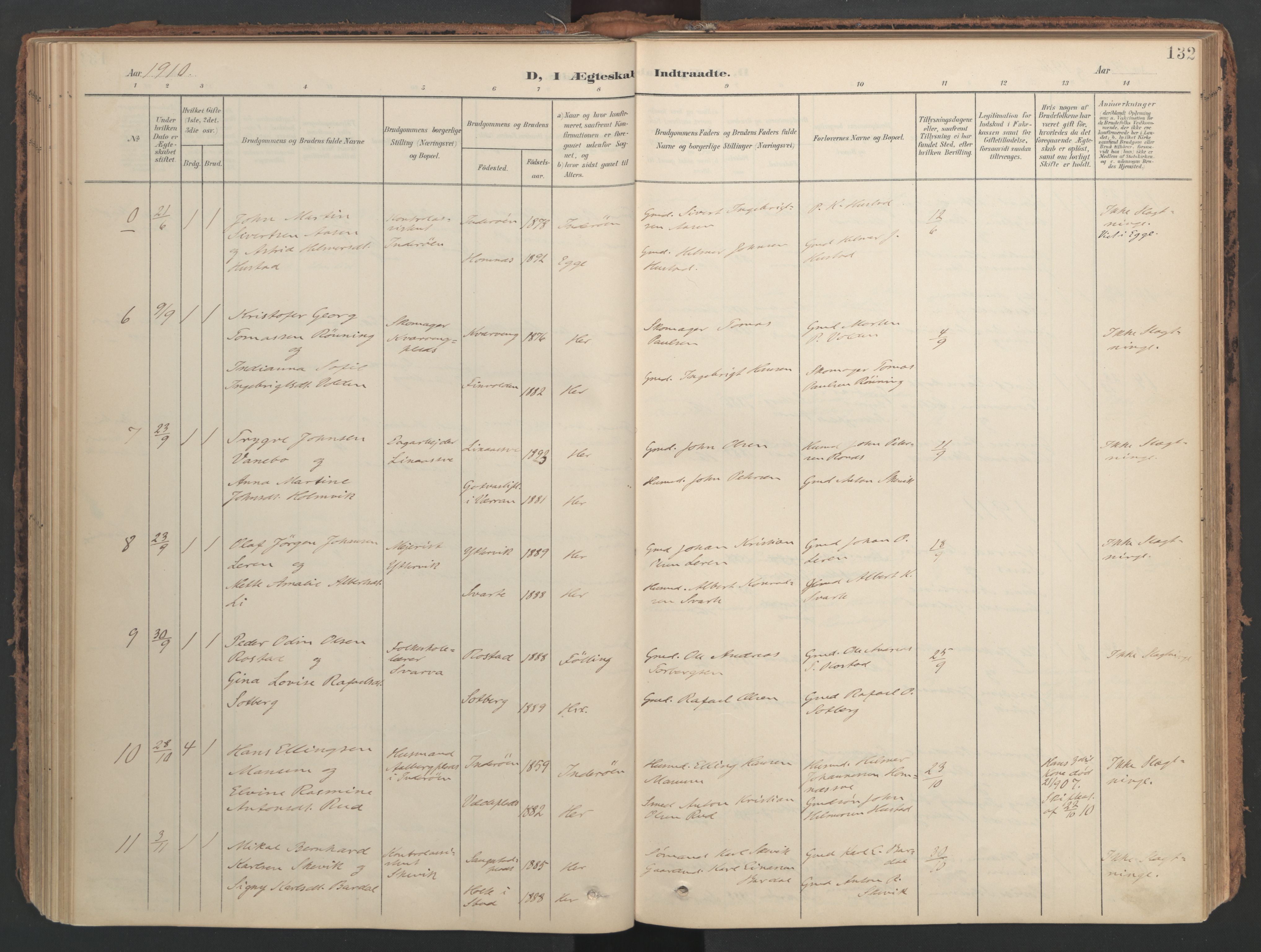 Ministerialprotokoller, klokkerbøker og fødselsregistre - Nord-Trøndelag, SAT/A-1458/741/L0397: Parish register (official) no. 741A11, 1901-1911, p. 132