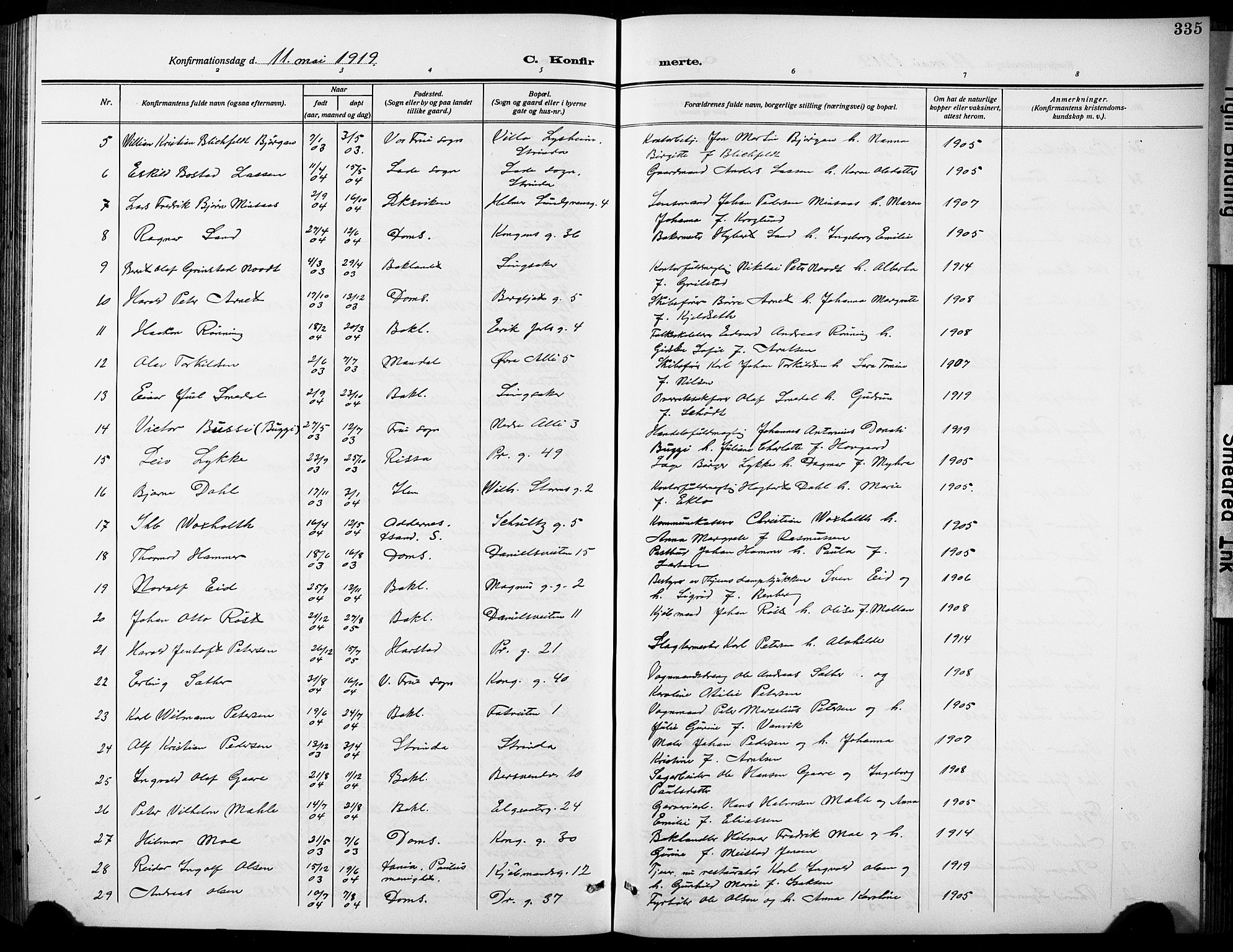 Ministerialprotokoller, klokkerbøker og fødselsregistre - Sør-Trøndelag, SAT/A-1456/601/L0096: Parish register (copy) no. 601C14, 1911-1931, p. 335