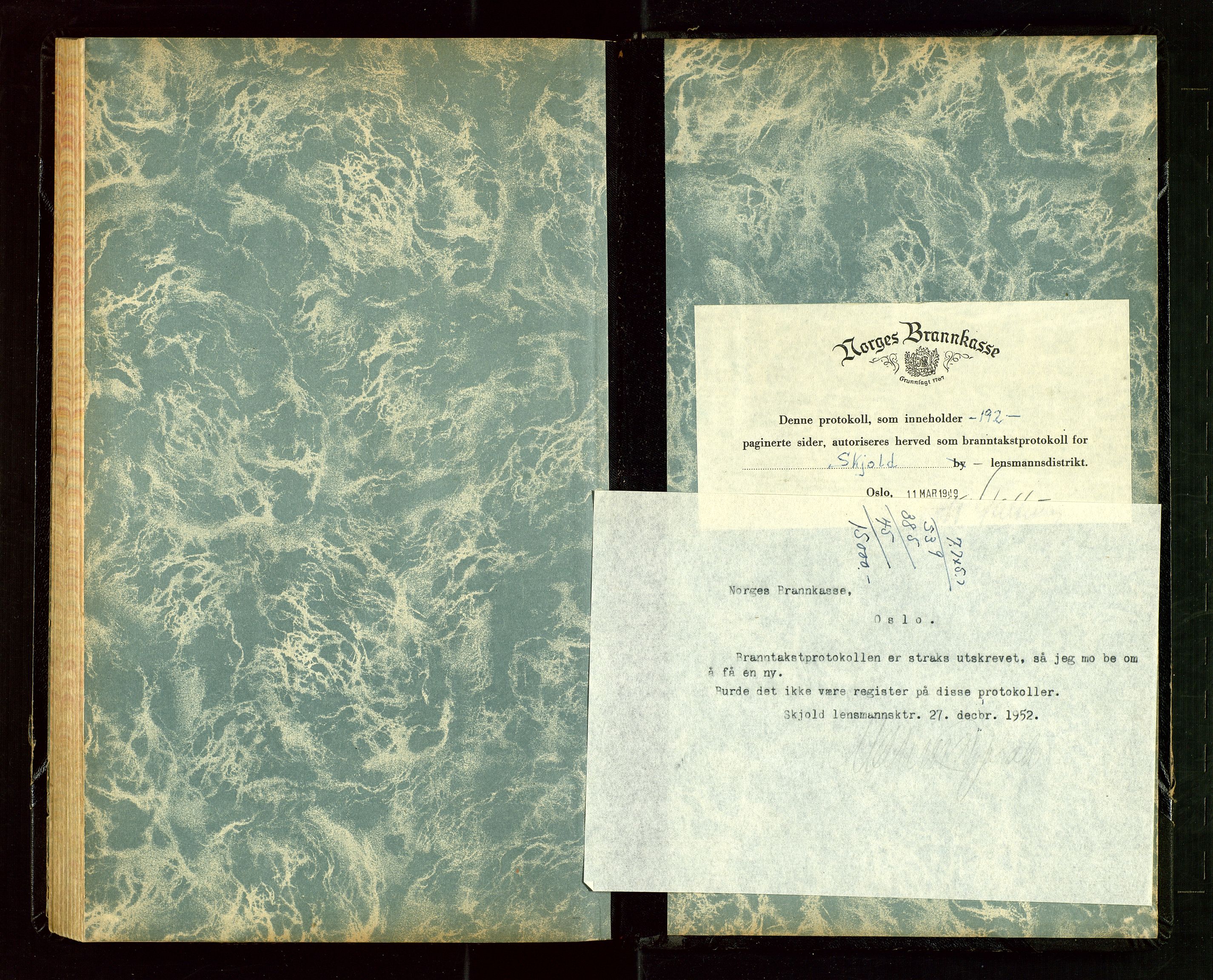 Skjold lensmannskontor, SAST/A-100182/Goa/L0003: "Branntakstprotokoll for Skjold lensmannsdistrikt", 1949-1953