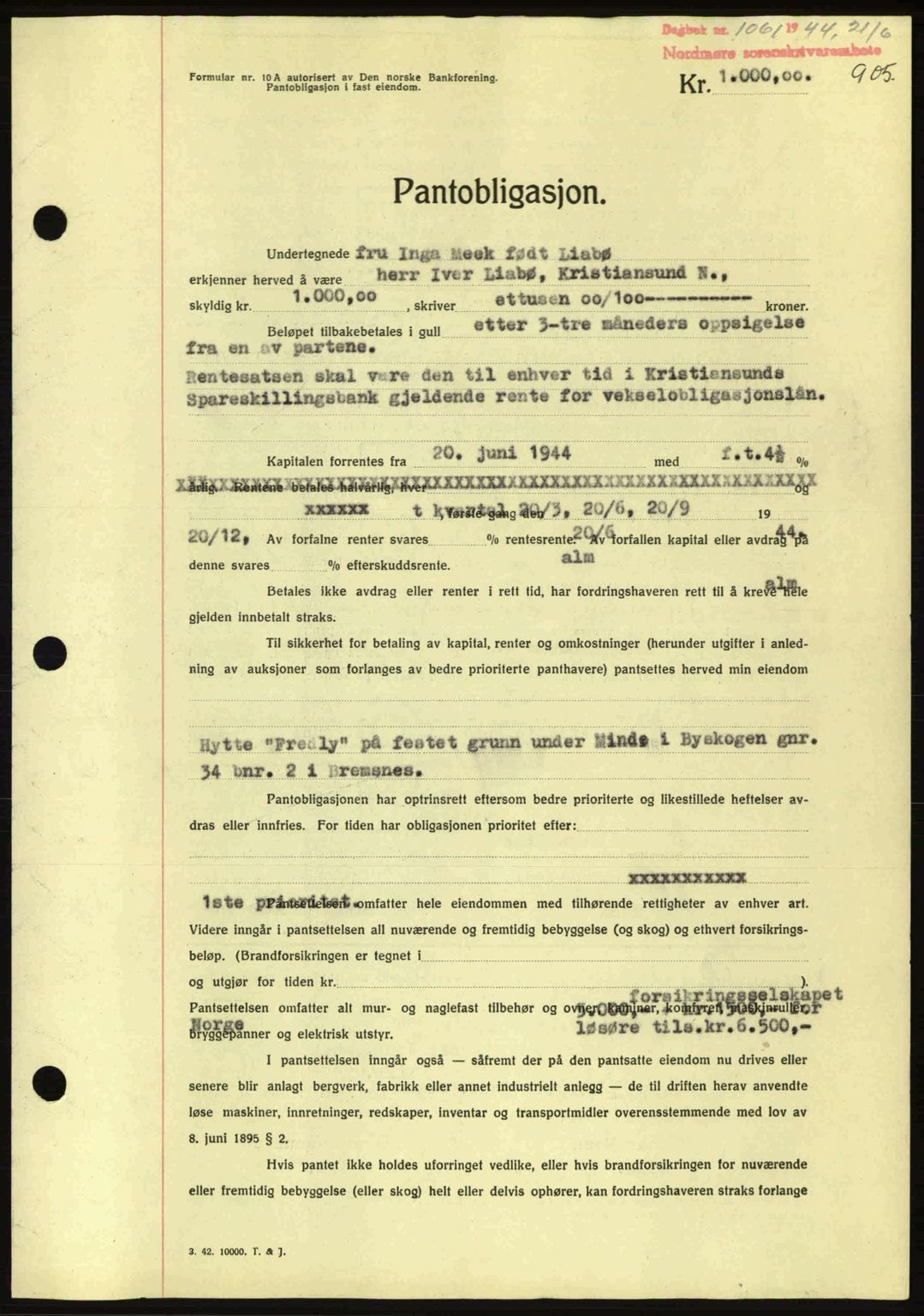 Nordmøre sorenskriveri, AV/SAT-A-4132/1/2/2Ca: Mortgage book no. B91, 1943-1944, Diary no: : 1061/1944