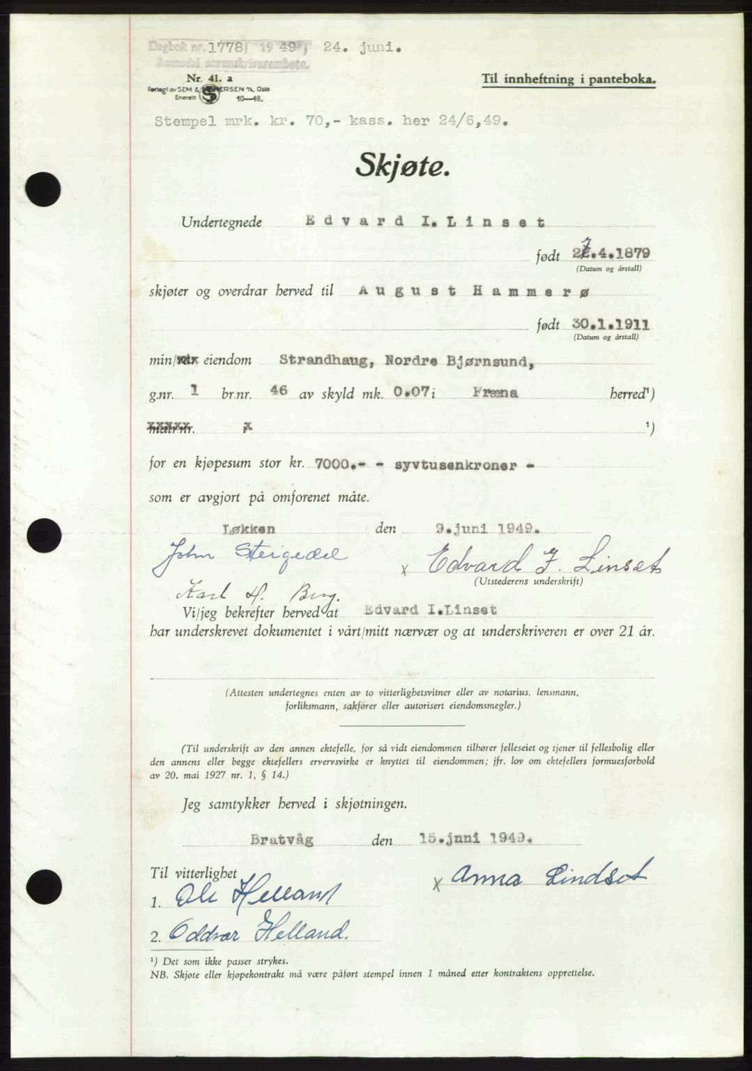 Romsdal sorenskriveri, AV/SAT-A-4149/1/2/2C: Mortgage book no. A30, 1949-1949, Diary no: : 1778/1949