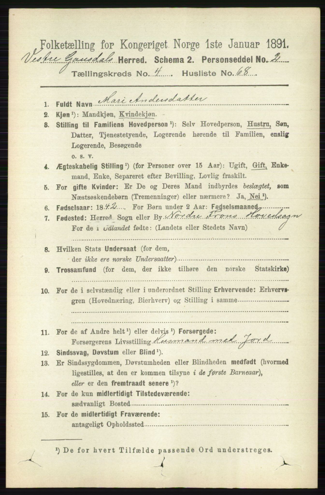RA, 1891 census for 0523 Vestre Gausdal, 1891, p. 2108