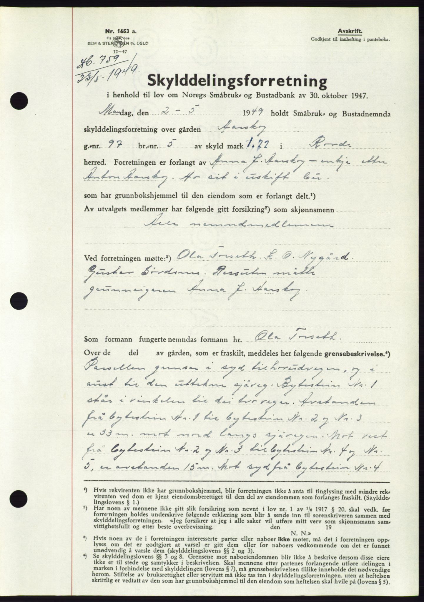 Søre Sunnmøre sorenskriveri, AV/SAT-A-4122/1/2/2C/L0084: Mortgage book no. 10A, 1949-1949, Diary no: : 759/1949